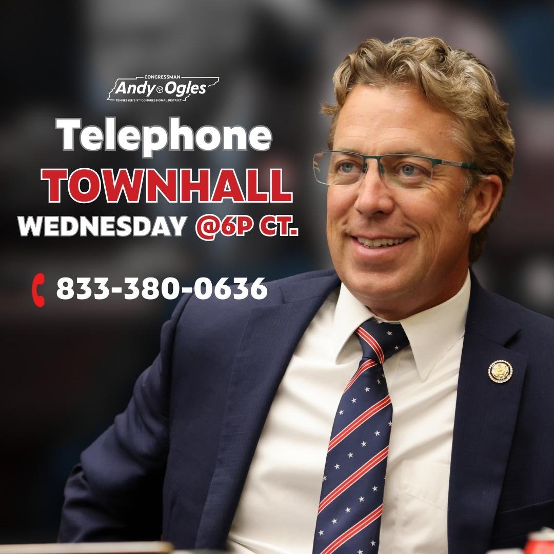 RepOgles's tweet image. 📞🇺🇸 TELE-TOWN HALL ALERT 🇺🇸📞
Wednesday (7/22) @ 6:00 PM CT
I’m hosting a telephone town hall to answer your questions and give you the latest on everything I’m doing to put Tennessee First.