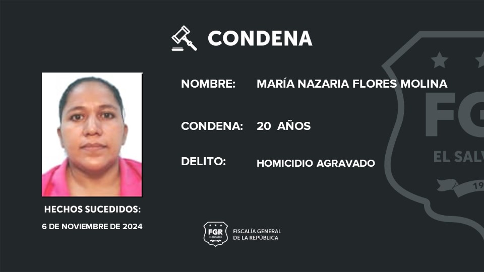 FGR_SV's tweet image. #Condena | María Flores fue condenada a 20 años de prisión por asesinar a una odontóloga en San Miguel.
El crimen ocurrió en noviembre del 2024, cuando la imputada llegó de visita a la casa de la víctima. Luego de una discusión, Flores tomó un trozo de tela y la estranguló…
