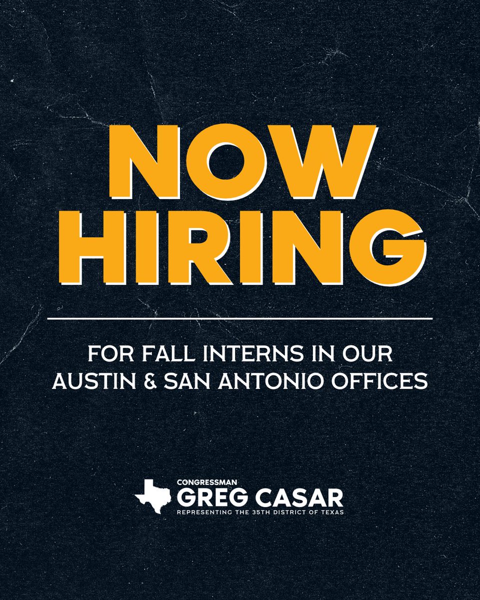 RepCasar's tweet image. APPLY NOW: We're looking for paid interns to join our San Antonio and Austin teams this fall! 🍂
View the full descriptions and apply at casar.house.gov/jobs today! #TX35 #SATX #ATX