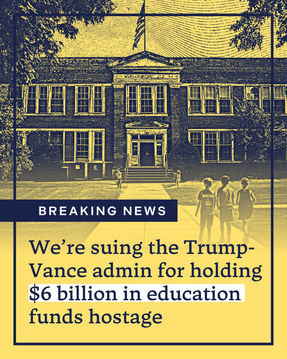DemocracyFwd's tweet image. BREAKING: We’re suing the Trump-Vance admin for holding nearly $6 billion in education funding hostage.
Congress explicitly directed these funds to support students, teachers, and schools.
We refuse to allow President Trump to ignore the law and play political games with public…