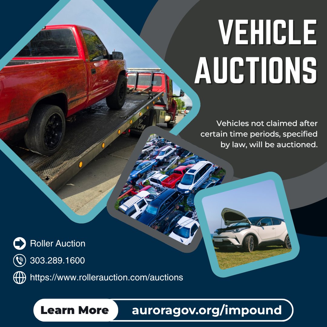 AuroraPD's tweet image. Did you know the city of Aurora auctions off unclaimed vehicles to the general public?
After a legally required holding period, vehicles that are not claimed from the impound lot are made available to the public through an online auction. And yes, anyone can bid and buy, you do…