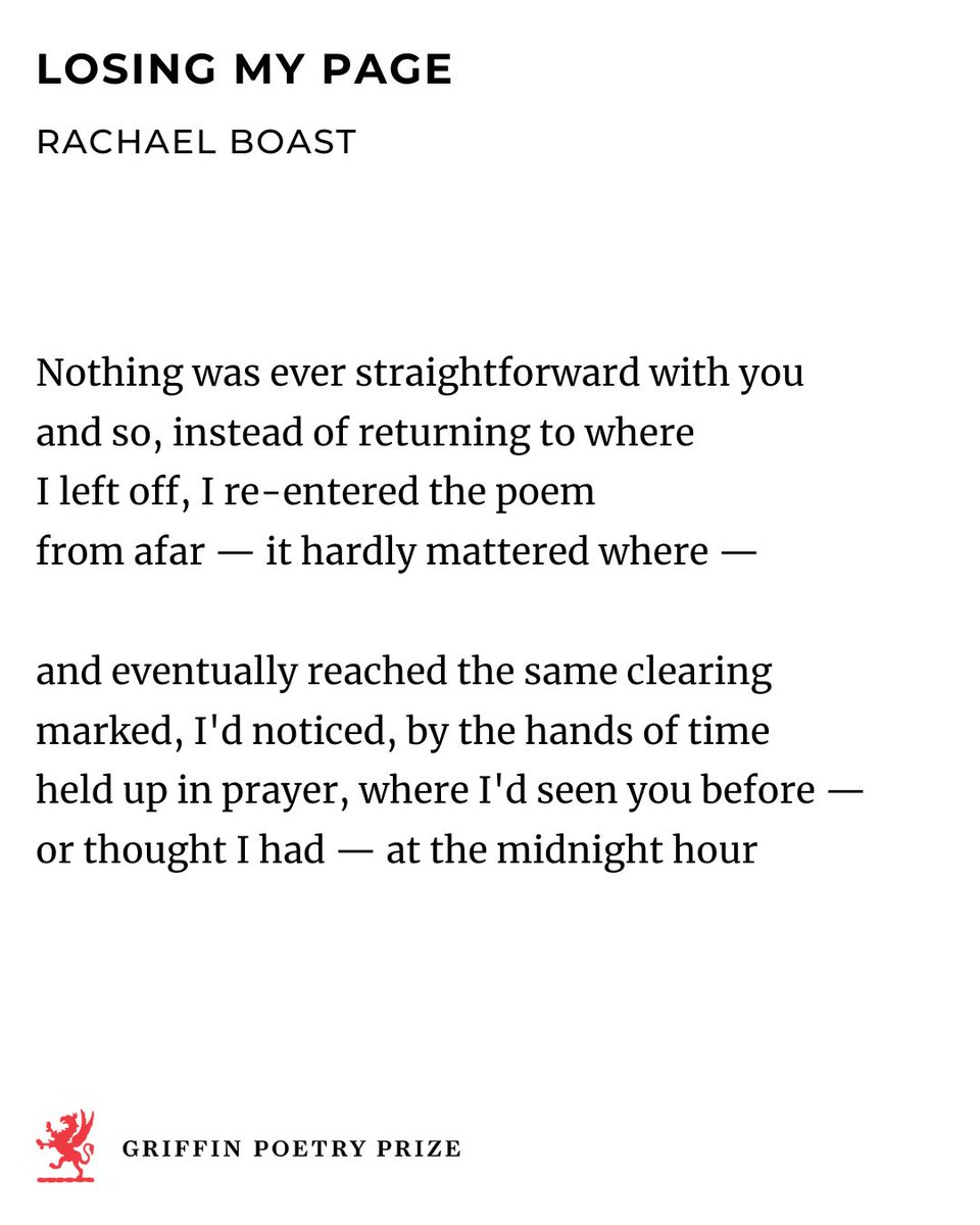 griffinpoetry's tweet image. This week, we feature a poem by British poet Rachael Boast, whose collection 𝙋𝙞𝙡𝙜𝙧𝙞𝙢'𝙨 𝙁𝙡𝙤𝙬𝙚𝙧 was praised by the 2014 Griffin Poetry Prize judges for “its intense lyricism, its metaphysical warmth and precision.”
Although her poems “do not depict life in any…