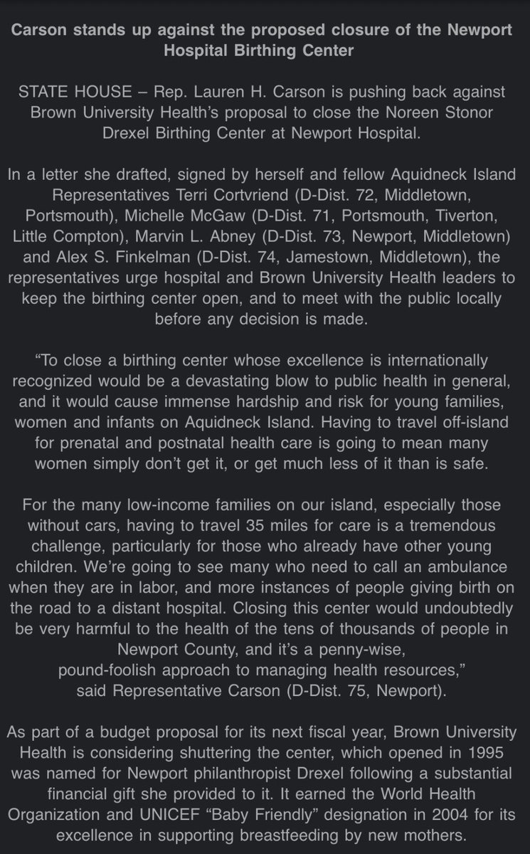 RayBaccari's tweet image. INBOX: State Reps. Lauren Carson, @Mcgaw71, @FinkelmanAlex, @TerriCortvriend and Marvin Abney have signed onto a letter calling on the Newport Hospital birthing center to stay open.
Background - wpri.com/health/council…