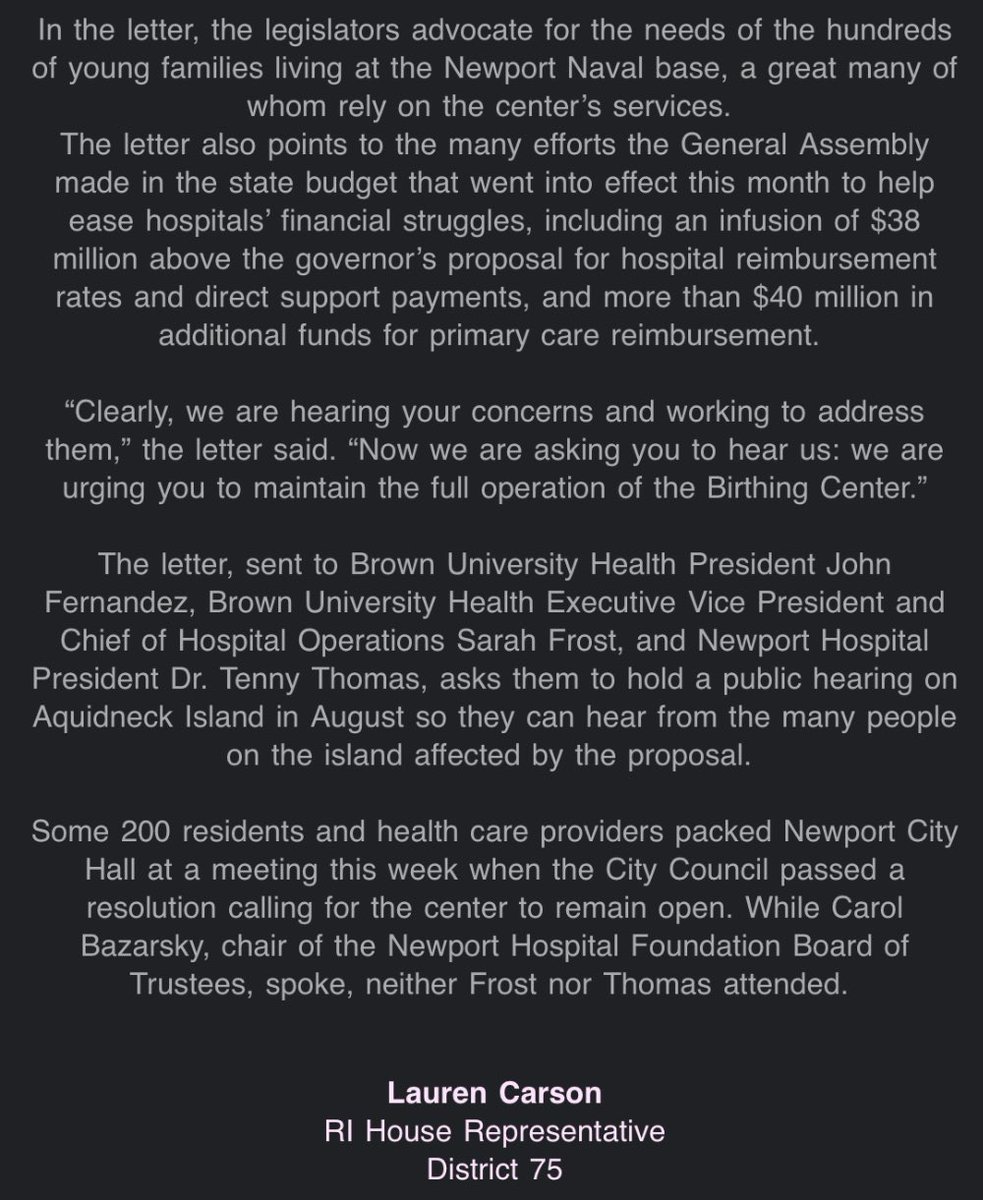 RayBaccari's tweet image. INBOX: State Reps. Lauren Carson, @Mcgaw71, @FinkelmanAlex, @TerriCortvriend and Marvin Abney have signed onto a letter calling on the Newport Hospital birthing center to stay open.
Background - wpri.com/health/council…