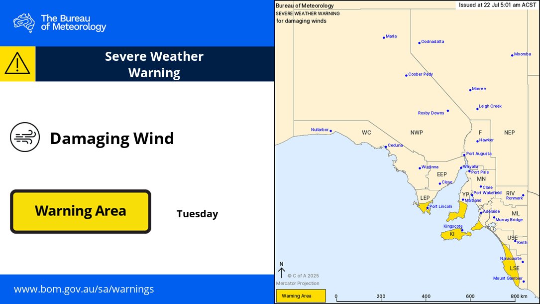 ⚠️🌬️ 5:01am: Severe Weather Warning for damaging #winds in Kangaroo Island and parts of Mount Lofty Ranges, Lower Eyre Peninsula, Yorke Peninsula, and Upper and Lower South East districts.

Damaging west to southwesterly winds will ease this afternoon.

bom.gov.au/products/IDS21…