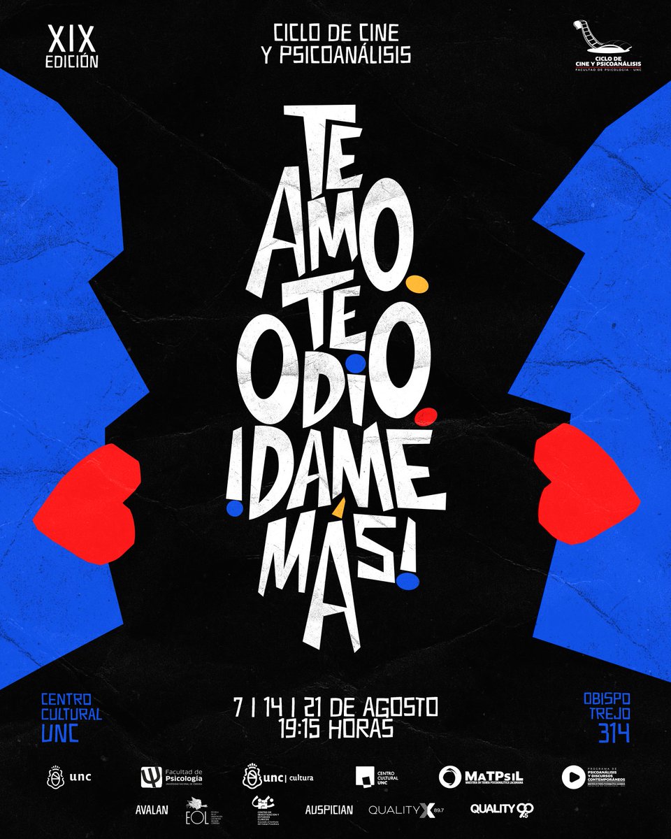 UNCCCYP's tweet image. ¡Vuelve el Ciclo de Cine y Psicoanálisis!
Nos vemos los jueves de agosto en la XIX Edición para compartir películas, series y charlas con invitadxs de lujo.
#CineyPsicoanálisis #CicloDeCineyPsicoanálisis #PsicoanálisisHoy #FacultadDePsicologíaUNC #CulturaUNC #JuevesDeCine