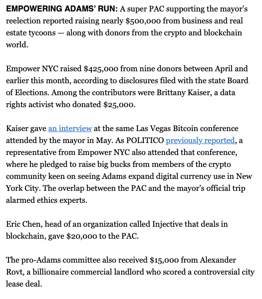 joeanuta's tweet image. A super PAC supporting the mayor reported raising $425k, including from the crypto and blockchain world
(Last week, we wrote about a leader of the PAC who attended the same Bitcoin conference as the mayor)
politico.com/news/2025/07/1…