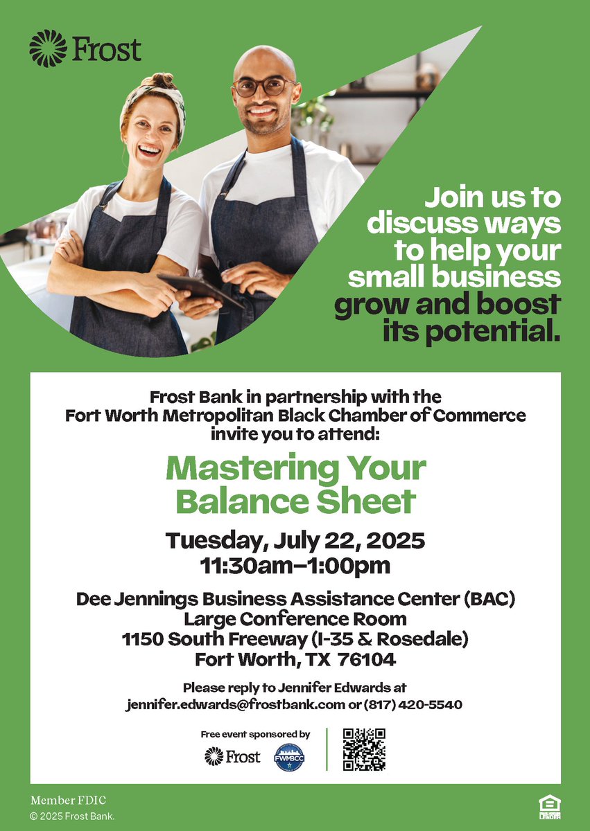 Our partners at the Fort Worth Metropolitan Black Chamber are hosting a Balance Sheet workshop tomorrow (July 22nd) from 11:30-1:00 at the Devoyd Jennings Business Assistance Center. Click to register ow.ly/GZYf50WsVX5