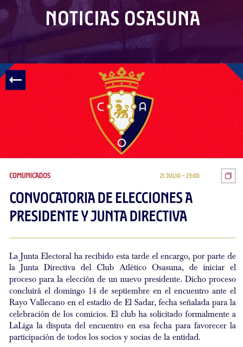 AS_MMartin's tweet image. 🗓️ Osasuna ha convocado elecciones a presidente y junta directiva el domingo 14 de septiembre
⚡El club rojillo ha pedido a LaLiga jugar ese día contra el Rayo para fomentar la participación