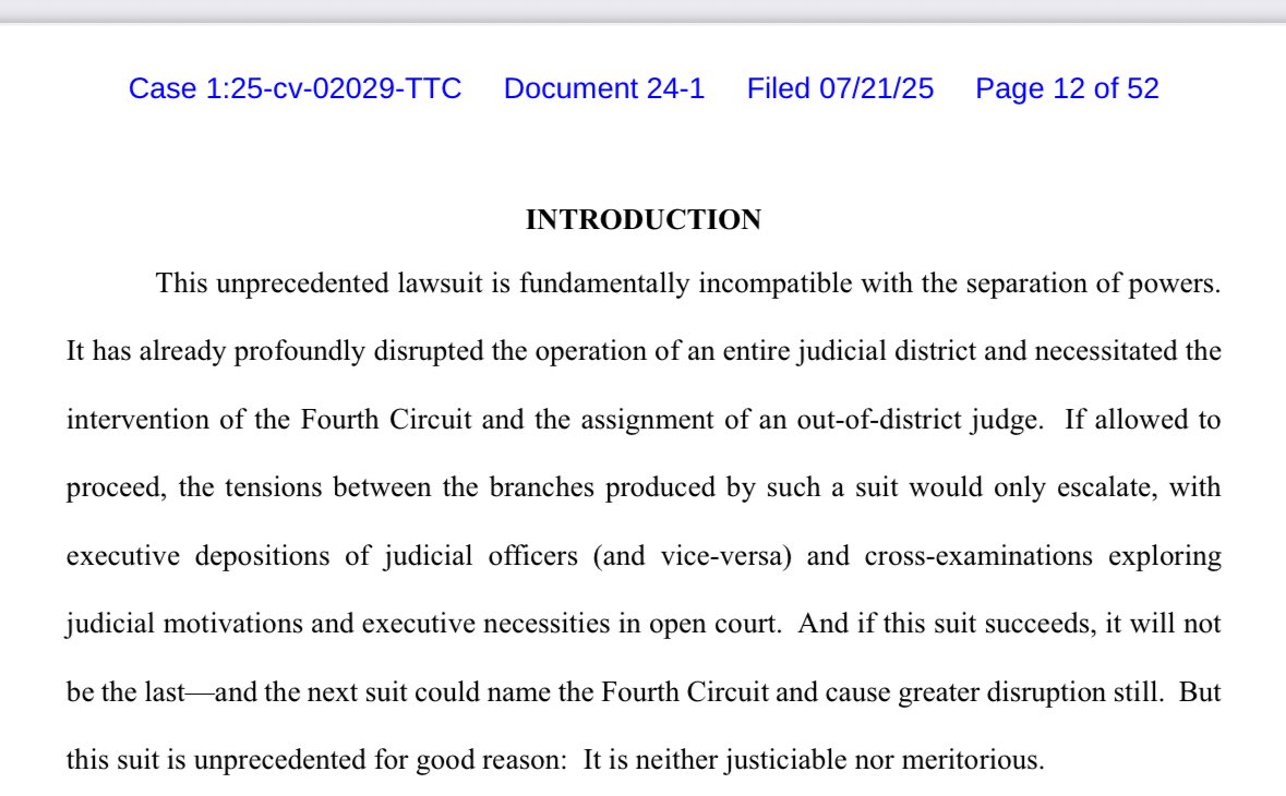 kyledcheney's tweet image. JUST IN: The bench of the federal district court in Maryland responds to Trump’s lawsuit over their automatic 2 day stay of habeas cases.
It plainly violates separation of powers and is not justiciable — all for an “ordinary” administrative decision. storage.courtlistener.com/recap/gov.usco…