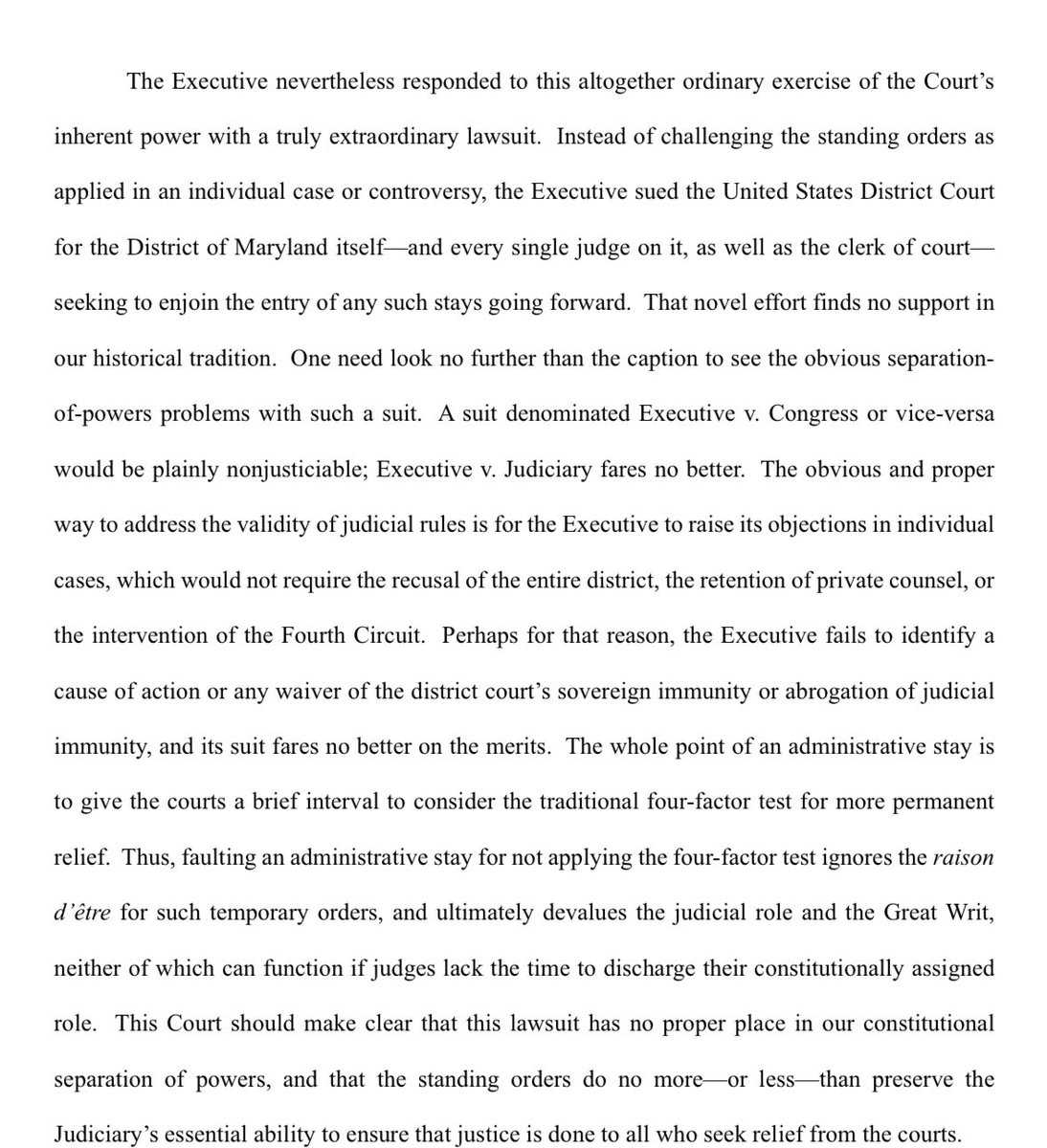 kyledcheney's tweet image. JUST IN: The bench of the federal district court in Maryland responds to Trump’s lawsuit over their automatic 2 day stay of habeas cases.
It plainly violates separation of powers and is not justiciable — all for an “ordinary” administrative decision. storage.courtlistener.com/recap/gov.usco…