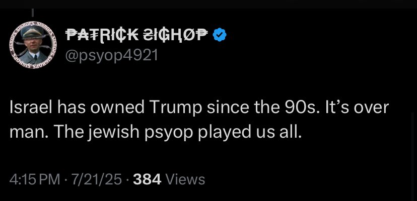 ItsJuliansRum's tweet image. If it’s delusional to believe that Trump is playing 5D chess against Israel then it’s equally delusional to believe that Israel owns Trump but there’s still hope for America.
If Israel actually owns Trump then America is hopelessly screwed and this argument is pointless.