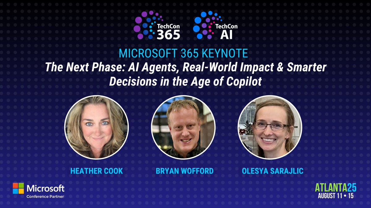 We’ve moved past possibility—it’s time for action.  

Join us in Atlanta as Heather Cook, Bryan Wofford &amp; Olesya Sarajlic dive into how tools like Microsoft 365 Copilot and Power Platform are reshaping productivity with AI.  

Register here: techcon365.com/Atlanta/index.…
 #Copilot