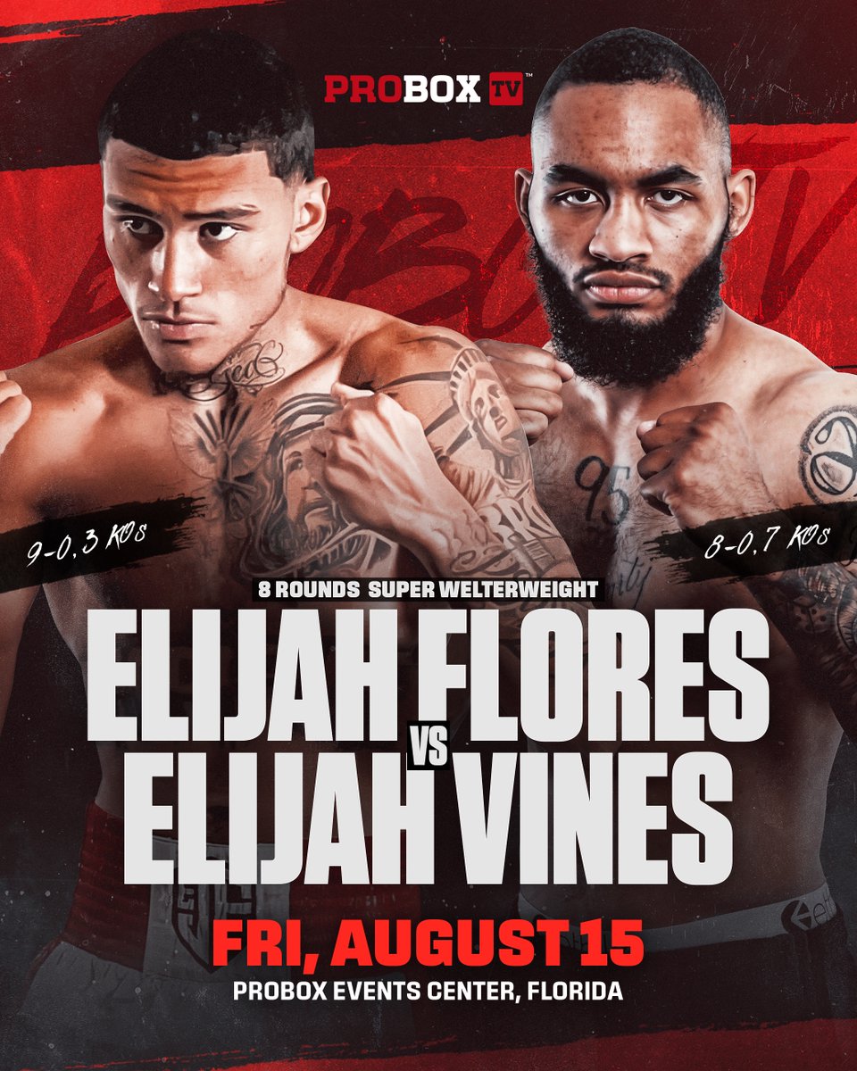 ProBox_TV's tweet image. Two Elijahs. One winner. π₯
Undefeated Elijah Flores (9-0) takes on the heavy-handed Elijah Vines (8-0, 7 KOs) in a battle of unbeatens β and someoneβs 0 has got to go.
ποΈ August 15th
π ProBox Events Center, Florida
ποΈ Tickets on sale soon at ProBoxTV.com