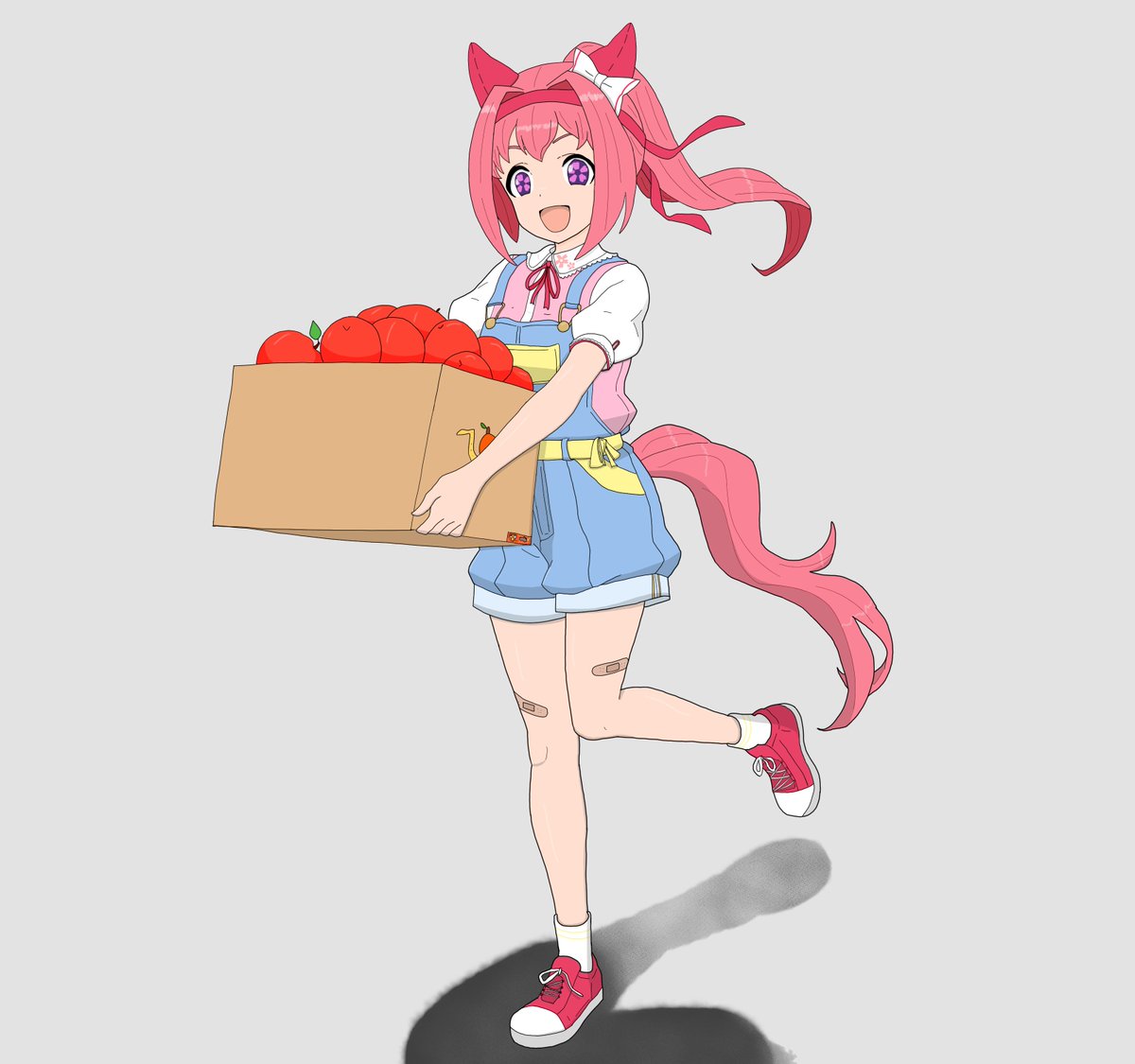 kiddarus's tweet image. Haru Urara carrying a box of apples, based on her trainee events!
#umamusume #fanart