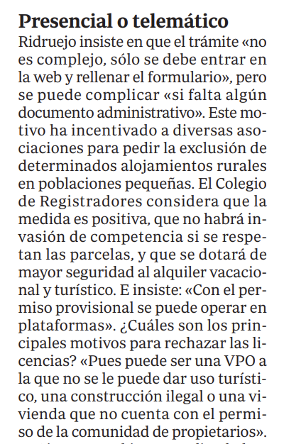 El decano del Decanato de los Registradores de Andalucía Occidental <a href="/RegistradoresO/">Registradores Andalucía Occidental</a>, Manuel Ridruejo <a href="/ManoloRidruejo/">Manuel Ridruejo Ramírez</a>, afirma al hilo del Registro Único de Arrendamientos de Corta Duración: "(...) Es un momento de adaptación a esta tarea que se nos encomienda desde la