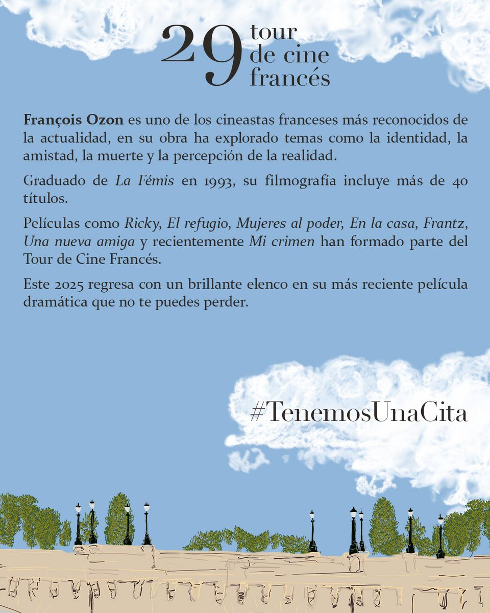 Tour de Cine Francés (@tourcinefrances) on Twitter photo #TenemosUnaCita con François Ozon en el 29° Tour de Cine Francés, uno de los directores franceses más reconocidos de la actualidad.
El 11 de septiembre de 2025 iniciamos nuestro recorrido con <a href="/SaladeArtecine/">Sala de Arte</a> <a href="/nuevaerafilms/">Nueva Era Films</a> <a href="/unifrance/">Ngoc Hue</a> <a href="/FranciaenMexico/">Embajada de Francia en México 🇲🇽</a> <a href="/ifal_mx/">IFAL - Institut français d'Amérique latine</a> <a href="/AF_Mexique/">AF_Mexique (Fédération des AF du Mexique)</a> #TenemosUnaCita con François Ozon en el 29° Tour de Cine Francés, uno de los directores franceses más reconocidos de la actualidad.
El 11 de septiembre de 2025 iniciamos nuestro recorrido con <a href="/SaladeArtecine/">Sala de Arte</a> <a href="/nuevaerafilms/">Nueva Era Films</a> <a href="/unifrance/">Ngoc Hue</a> <a href="/FranciaenMexico/">Embajada de Francia en México 🇲🇽</a> <a href="/ifal_mx/">IFAL - Institut français d'Amérique latine</a> <a href="/AF_Mexique/">AF_Mexique (Fédération des AF du Mexique)</a>