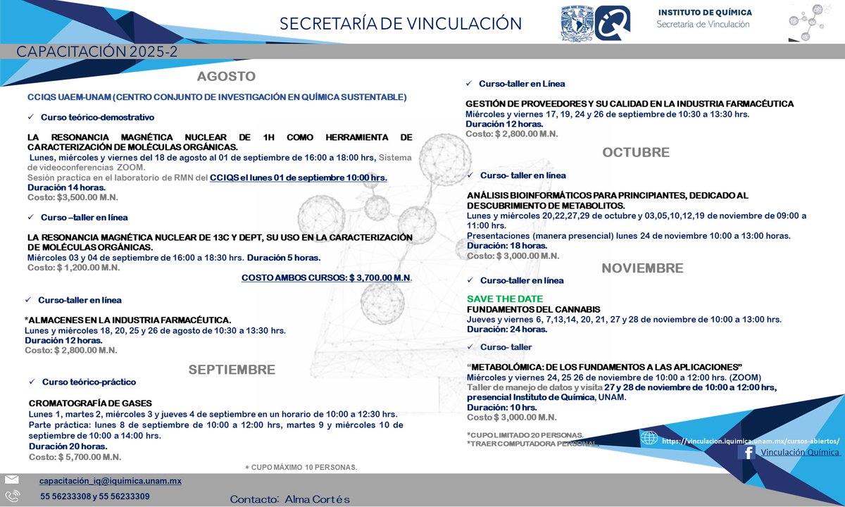 SQM_MX's tweet image. El @iquimicaunam los invita a sus Cursos de Capacitación 2025-2

Más información:
 + 52 (55) 5623 3308  
 + 52 (55) 5623 3309
capacitacion_iq@iquimica.unamx.mx