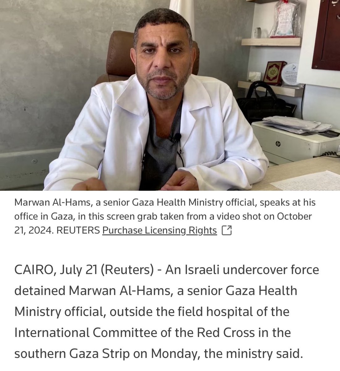SMohyeddin's tweet image. Israel killed journalist Tameer al-Zaneen today as they abducted Dr. Marwan Al-Hams, the director of field hospitals in Al-Mawasi. Dr. Al-Hams was visiting a Red Cross medical station when he was taken hostage by Israel. Now, read all of that again out loud to yourself.