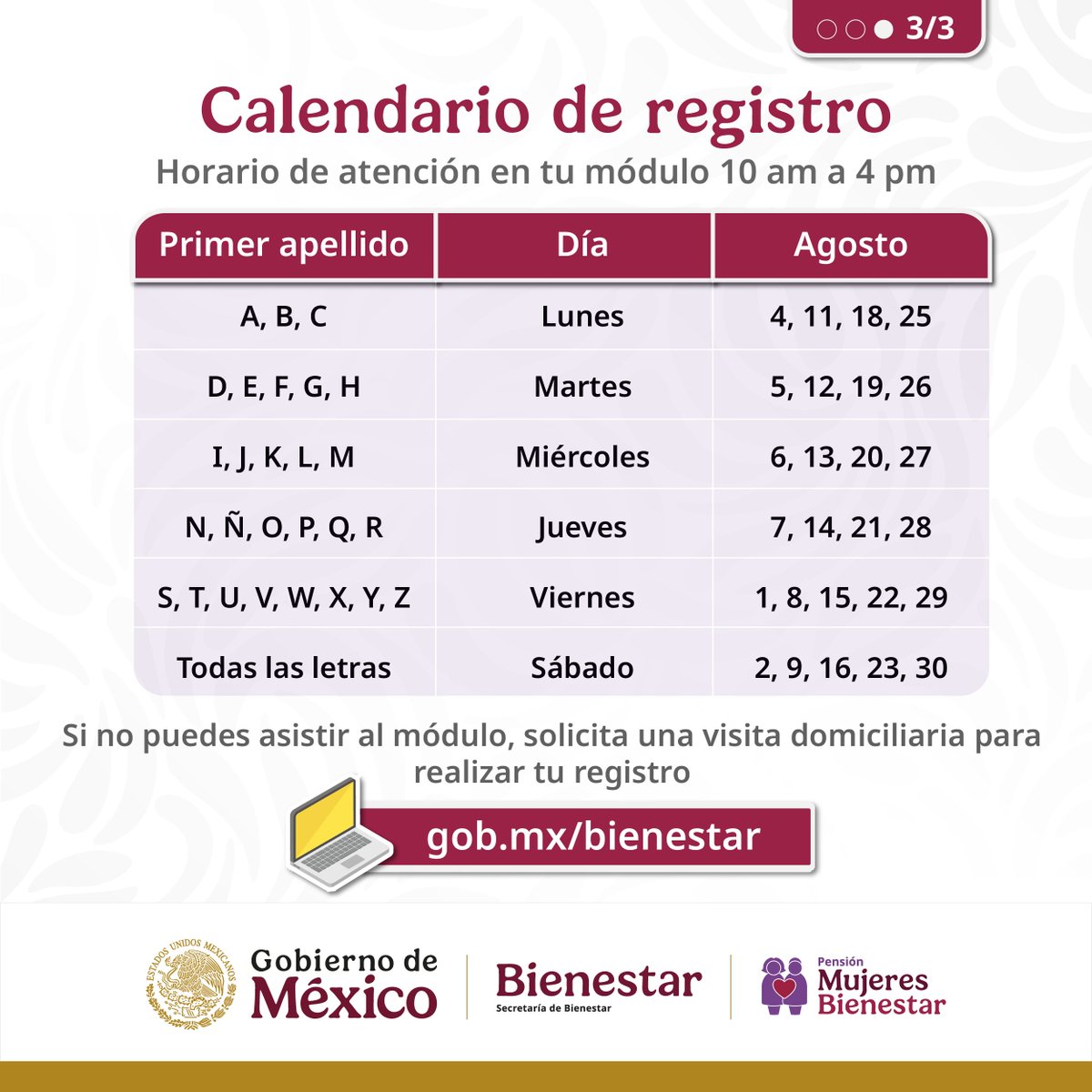GobiernoMX's tweet image. 🟣 Atención mexicanas de 60 a 62 años: del 1.º al 30 de agosto puedes inscribirte en Pensión Mujeres Bienestar. También sigue el registro para las de 63 y 64.
Ubica tu módulo y prepara los documentos.
🌐 ubicatumodulo.bienestar.gob.mx