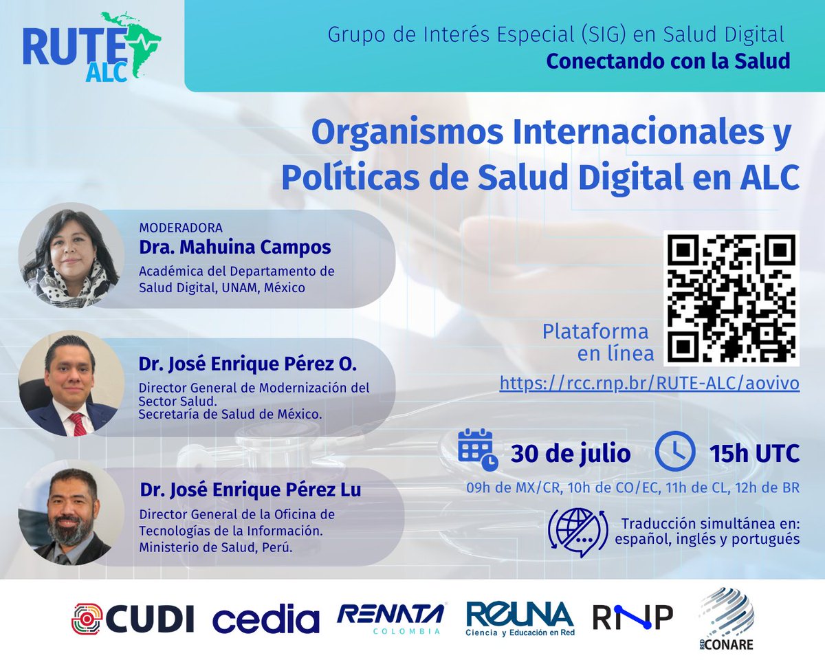 RedCLARA's tweet image. 🔜RUTE-ALC | 30 de julio
Organismos internacionales y su papel clave para fortalecer las políticas de salud digital en la región.
No te pierdas este webinar con expertos de México y Perú.
🔗shorturl.at/9eD4j
@CEDIAec @RedCUDI @Rede_RNP @RENATAColombia @Red_REUNA @redconare
