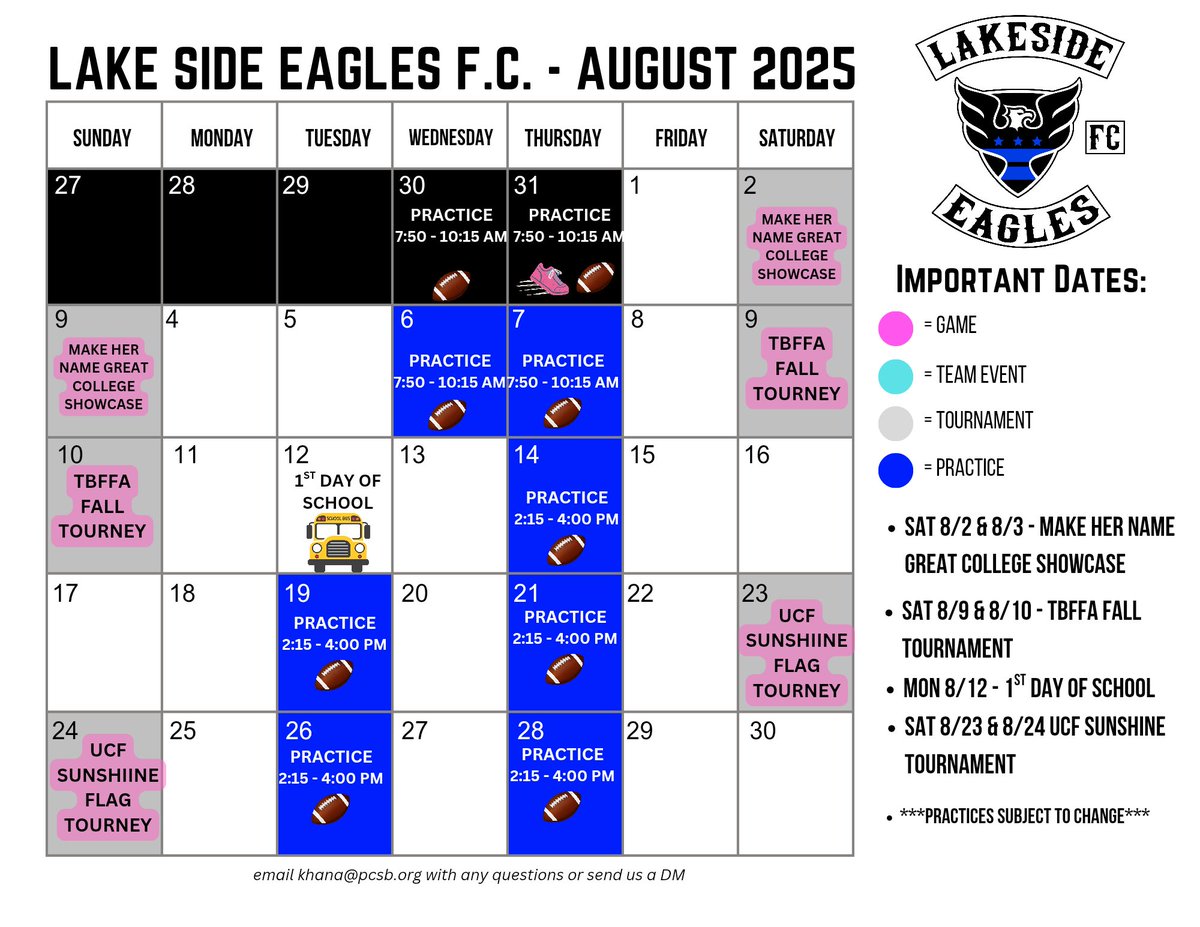 East Lake High School Flag Football (@eastlakeflagfb) on Twitter photo August 2025. Practice schedule subject to change
#Grit is not
🏆 Aug 2 & 3 - <a href="/bnasportsorg/">BNA Sports Org</a> Make Her Name Great Showcase
🍁 Aug 9 & 10 - TBFFA Fall Tournament
🏫 Aug 12 - 1st Day of School
⚔️ Aug 23 & 24 - @knightsflagfootball Sunshine Tournament
#LakesideEaglesFC August 2025. Practice schedule subject to change
#Grit is not
🏆 Aug 2 & 3 - <a href="/bnasportsorg/">BNA Sports Org</a> Make Her Name Great Showcase
🍁 Aug 9 & 10 - TBFFA Fall Tournament
🏫 Aug 12 - 1st Day of School
⚔️ Aug 23 & 24 - @knightsflagfootball Sunshine Tournament
#LakesideEaglesFC