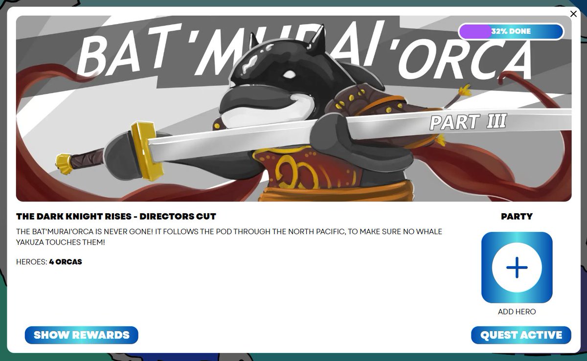 OrcasOdyssey's tweet image. THE DARK KNIGHT RISES end this Wednesday!
Mission III will end soon, so go make sure you have joined @ orcasodyssey.com
Some good NFTs to be won by @Hoipoly @zappiesreborn @ShittyKitties_ @the_tribe_nfts