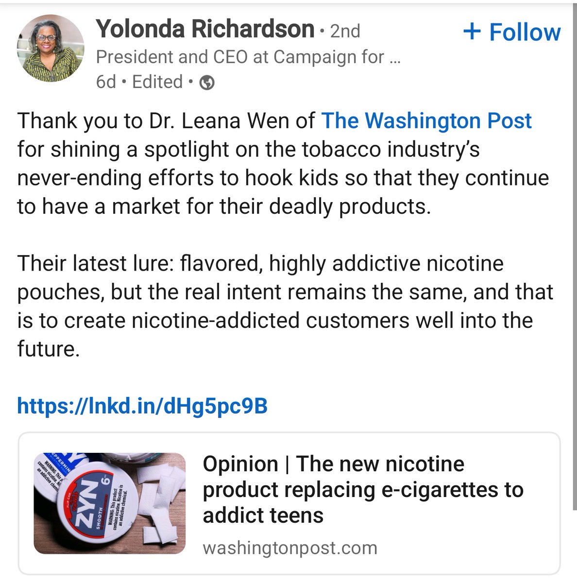 GregTHR's tweet image. Yolonda Richardson hired Brian King after he was fired from the FDA Center for Tobacco Products.
The same Brian King who agreed flavored Zyn products were "appropriate for the protection of public health."
If you feel this strongly, why would you hire him?