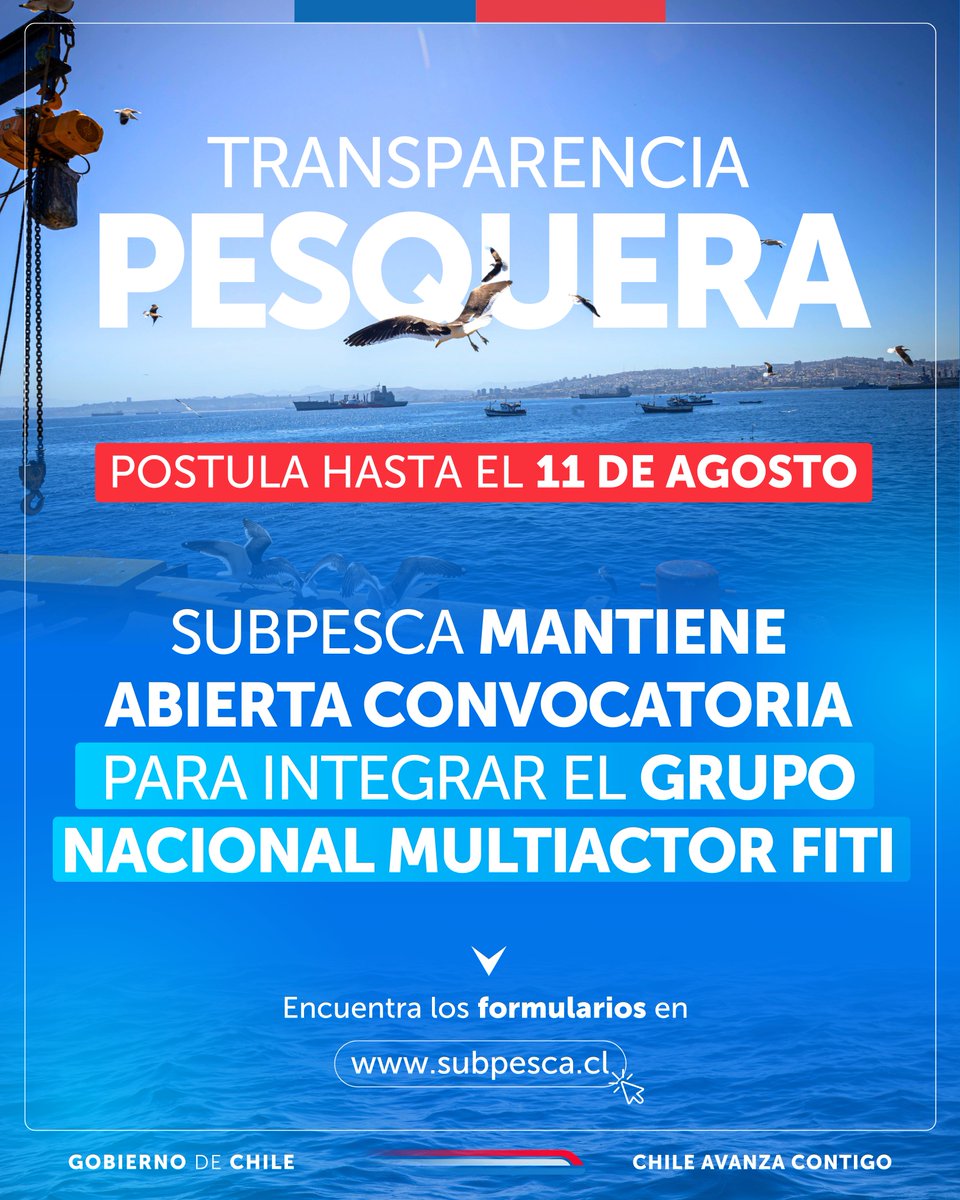 🔵¡No te quedes fuera! Participa de esta convocatoria para nominar los 16 cupos que considera esta instancia clave en materia de transparencia pesquera.

📅 Postula hasta el 11 de agosto
📄 bit.ly/4ltwwrm