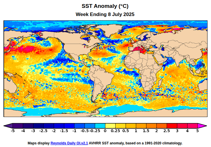 WorldClimateSvc's tweet image. Tracking mid-high latitude marine heatwaves: 2023-2025 have all seen >3°C SST anomalies briefly covering over 4% of N Hemisphere oceans in summer (not observed in 1981-2022).
This year's "heatwave" emerged earlier than 2023 and 2024. Where to from here?