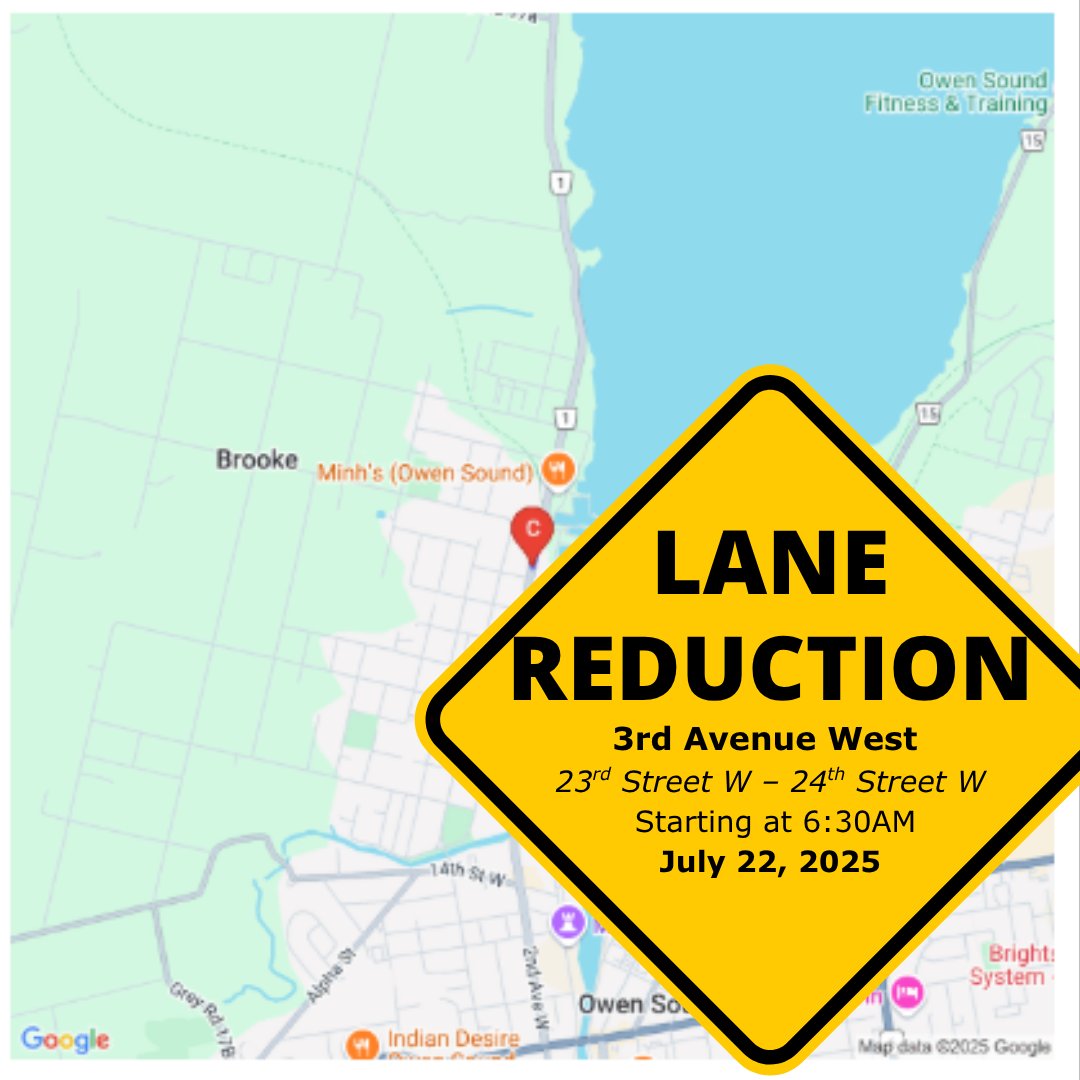 The City of Owen Sound will be reducing lanes between 23rd Street West and 24th Street West on 3rd Avenue West on Tuesday, July 22, 2025, at 6:30AM.  The expected time to reopen is by the end of the day on Wednesday, July 23, 2025.