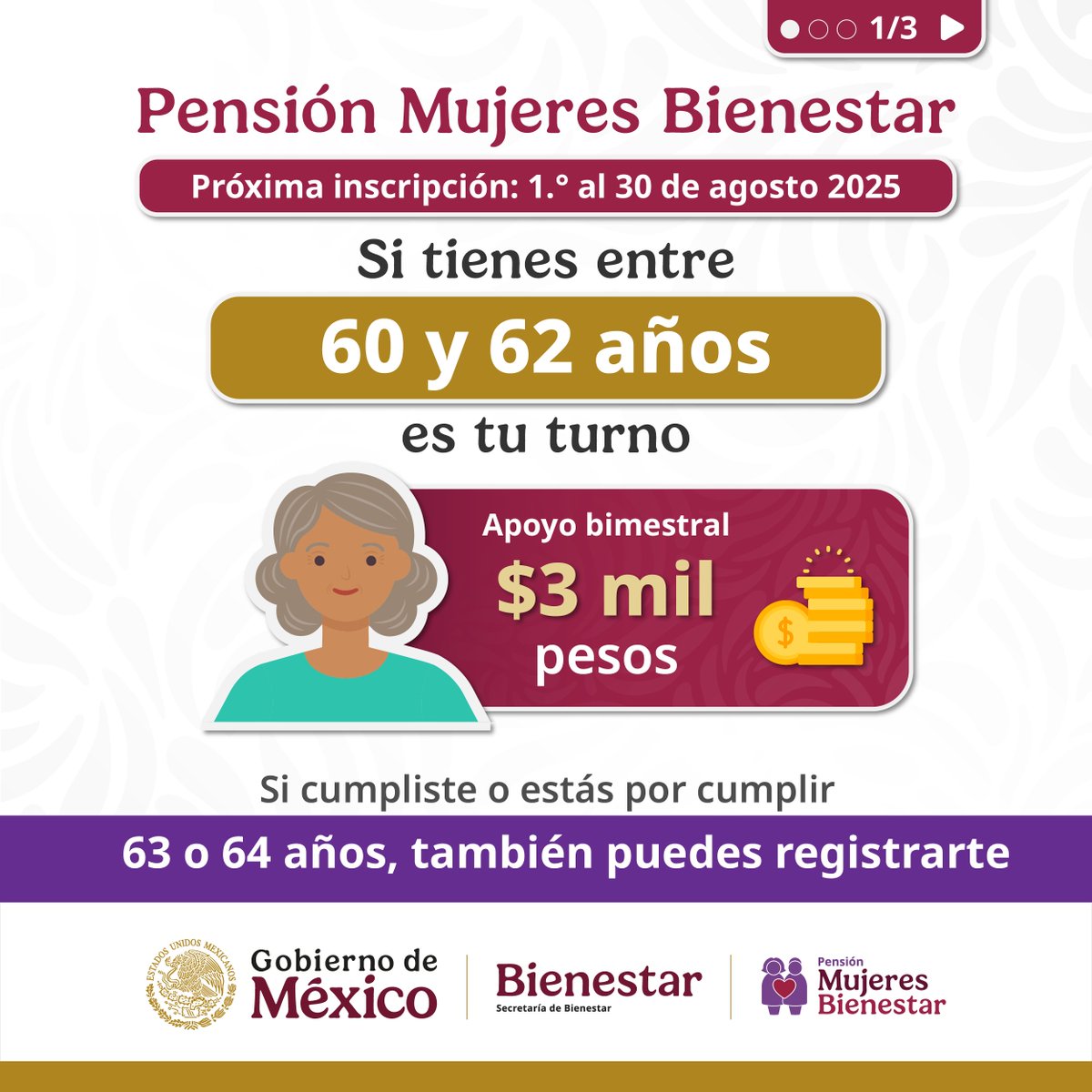 GobiernoMX's tweet image. 🟣 Atención mexicanas de 60 a 62 años: del 1.º al 30 de agosto puedes inscribirte en Pensión Mujeres Bienestar. También sigue el registro para las de 63 y 64.
Ubica tu módulo y prepara los documentos.
🌐 ubicatumodulo.bienestar.gob.mx