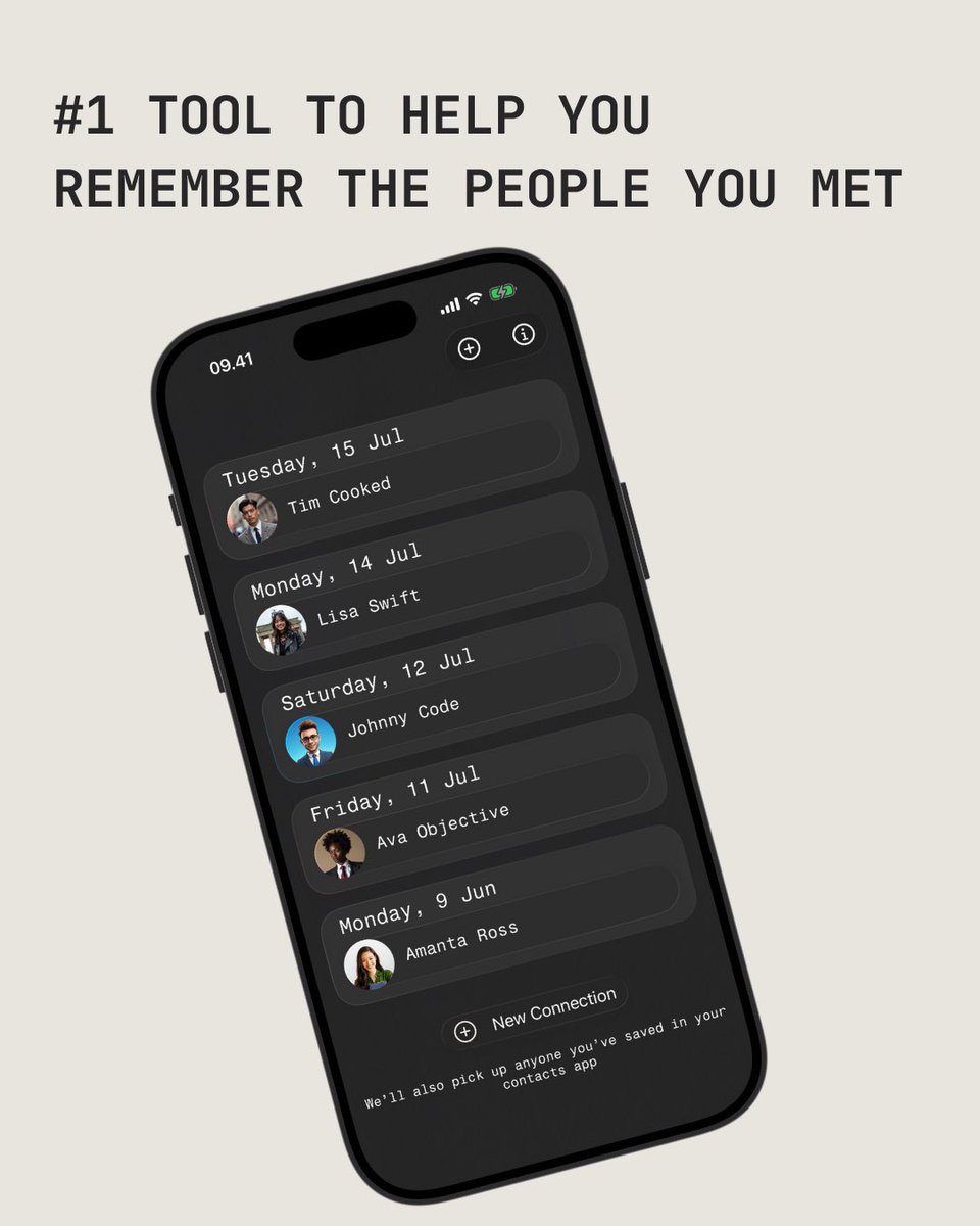 ConnectionsApp_'s tweet image. #1 tool to remember the people you meet 🧠✨

Your memory fades.
Connections doesn’t.

🔁 Automatically detects new contacts
🗓️ Sorts them by when you met
📝 Lets you add personal notes that stick

🌟 Available now on the App Store

#iOSDev #ConnectionsApp