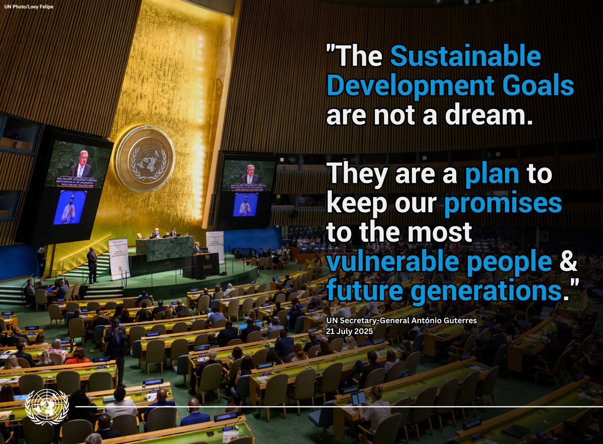 UN's tweet image. Addressing ministers at the High-level Political Forum in New York, @antonioguterres urged governments to act to rescue the #GlobalGoals amid conflict, inequality and economic challenges.
“Transformation is not only necessary – it is possible.” news.un.org/en/story/2025/… #HLPF