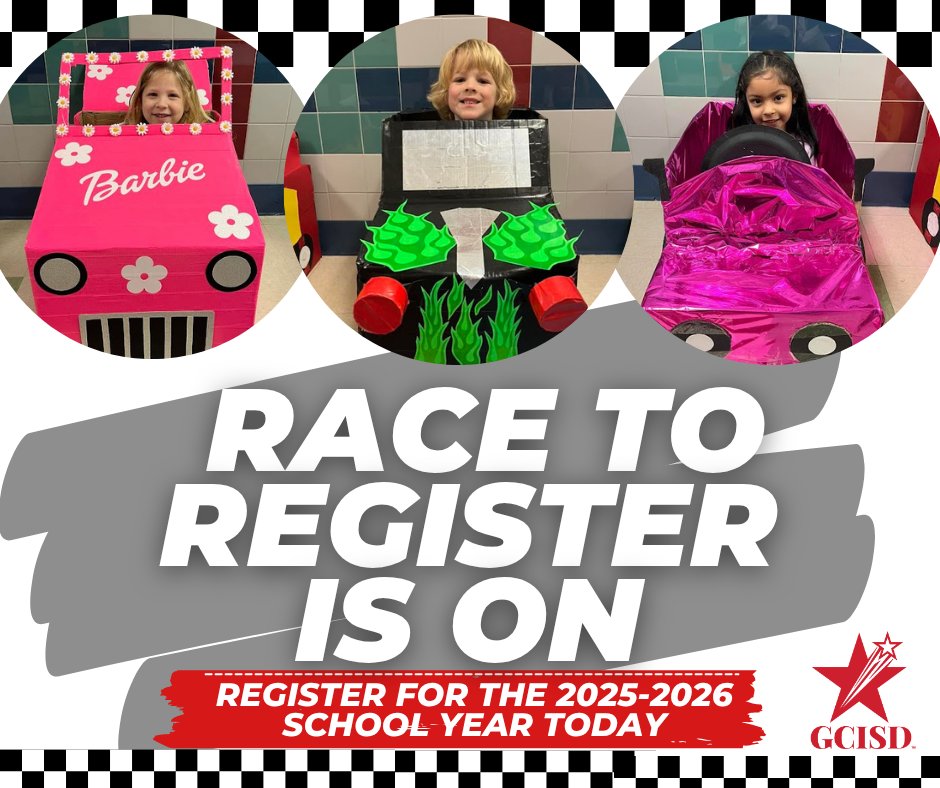GCISD's tweet image. The first day of school is Wednesday, August 13—less than a month away! Be sure to register today since our campuses are now configuring classes.
Register at gcisd.net/page/enrollmen…