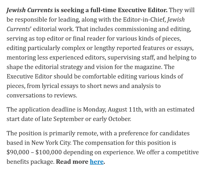 JewishCurrents's tweet image. We are hiring! Join our team as the next Executive Editor. Find out more information on our Careers page—looking forward to hearing from you.