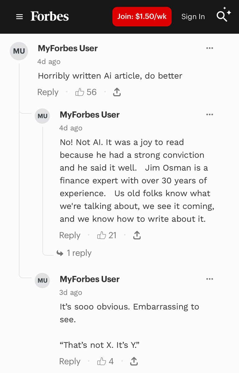 owenbroadcast's tweet image. even if you look at “real publications”, people are just posting straight up AI articles. this is in forbes.
first pic: they posted it, then “updated it” three days later. on the wayback machine you can see an obviously AI section. they removed this in the “update” (last pic):