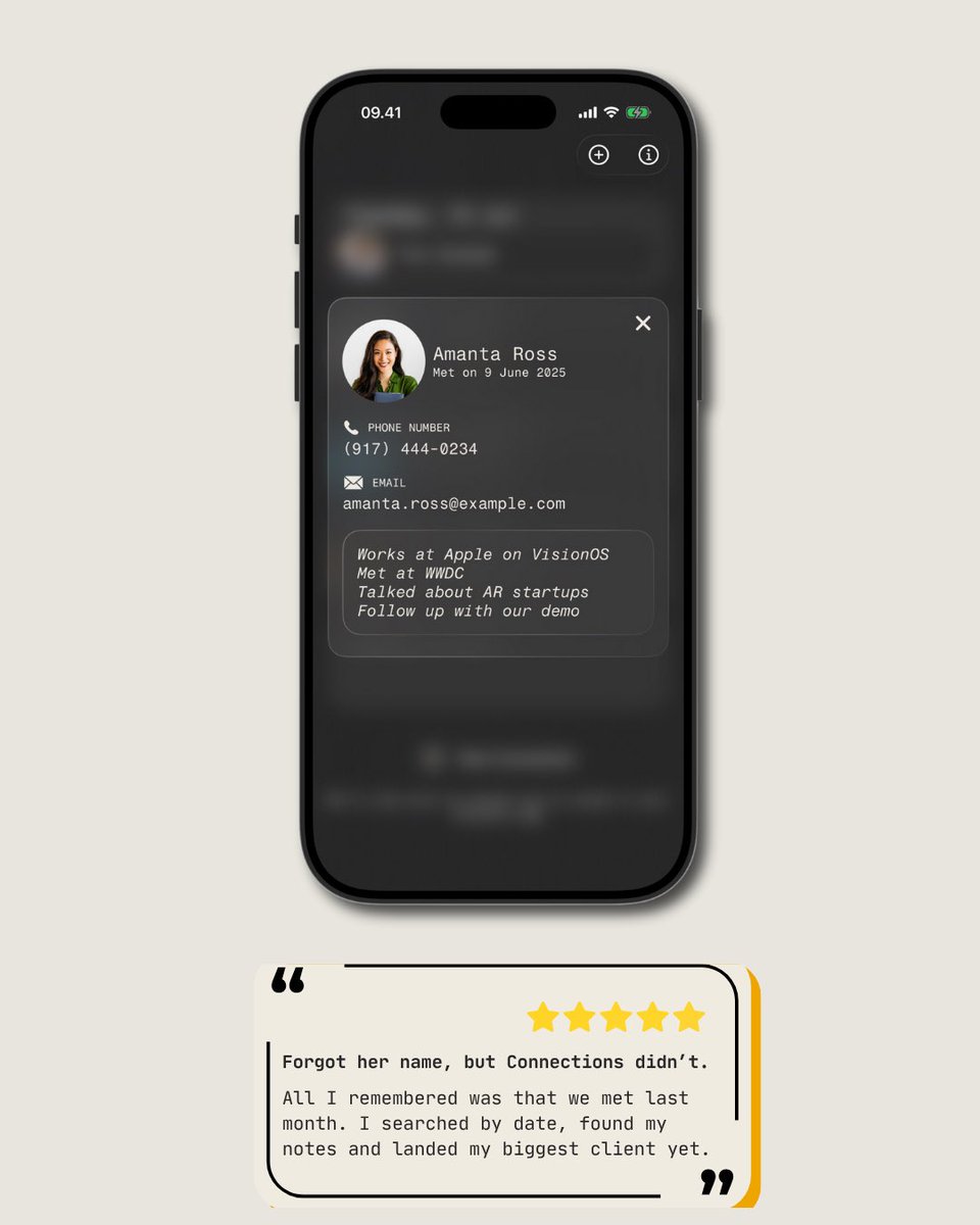 ConnectionsApp_'s tweet image. Forgot her name?
Connections didn’t.

📅 Just search by date.
📝 See your notes.
💥 Land your next big opportunity.

Our users are already closing deals thanks to their memory’s new best friend 💼

🌟 Available now on the App Store

#ProductivityApp #iOSDev #ConnectionsApp