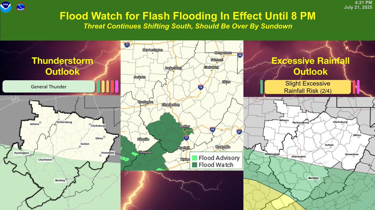 NWSCharlestonWV's tweet image. The Flood Watch for Flash Flooding has been trimmed further as the threat continues to shift south. With soggy soils from the recent rain, heavier showers or almost any thunderstorm could lead to local Flash Flooding this afternoon into this evening across the south. #WVWx #VAWx