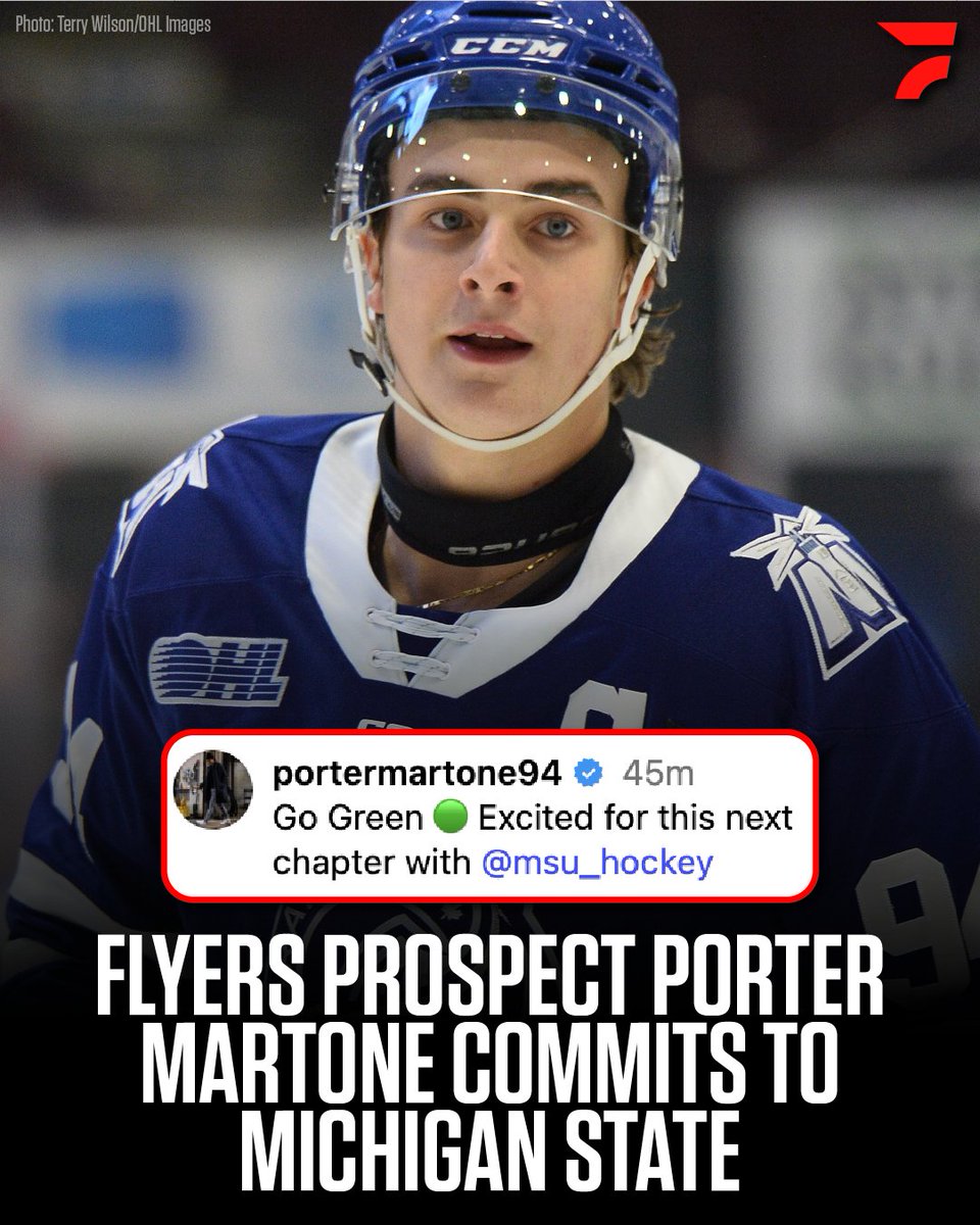 FloHockey's tweet image. 🟩 OFFICIALLY OFFICIAL 🟩
Philadelphia Flyers prospect Porter Martone is headed to Michigan State!
#Hockey #NCAAHockey #NCAA #OHL