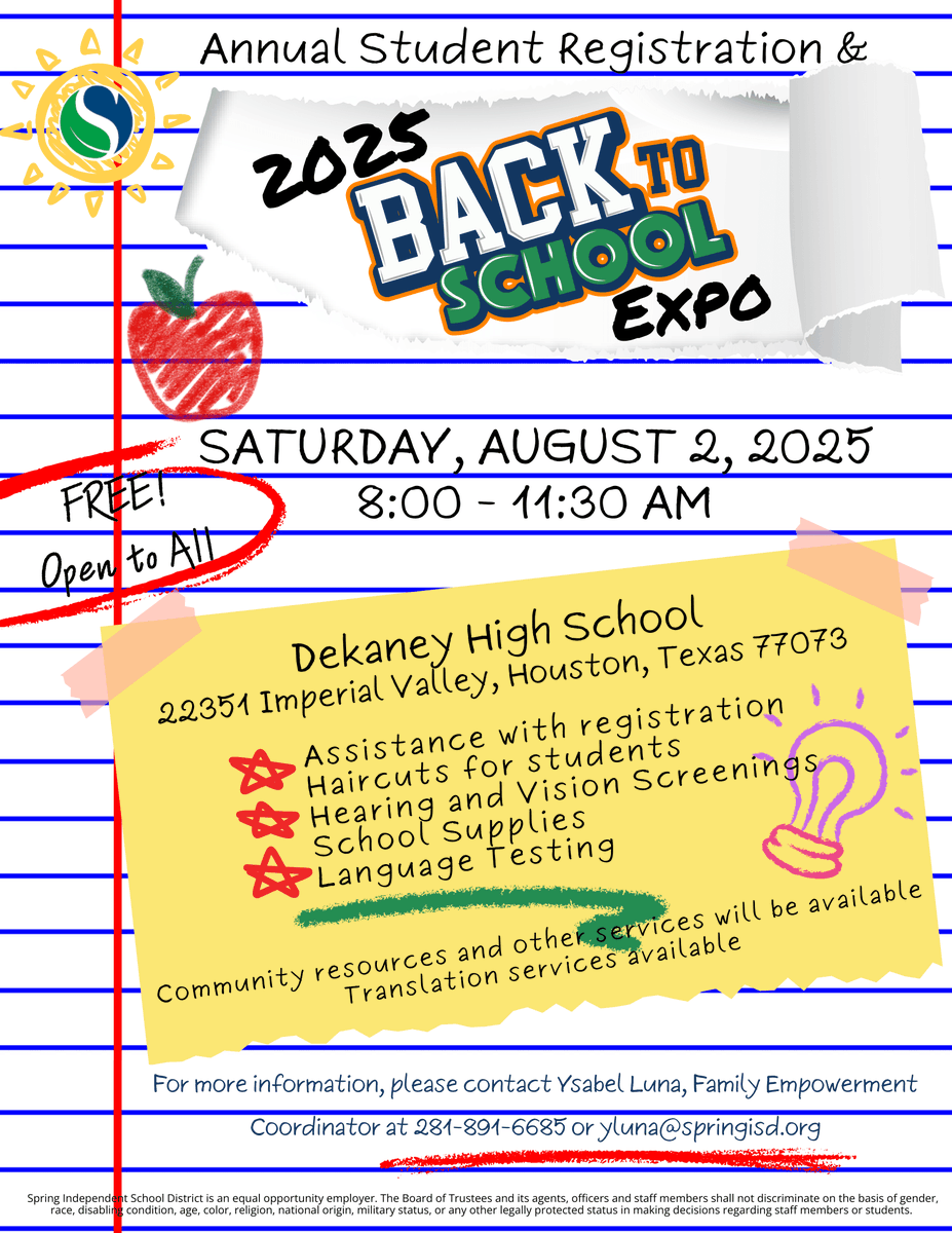 Spring ISD (@springisd) on Twitter photo 📚 The 2025 Back to School Expo is almost here!
🗓️ Sat, Aug. 2 | ⏰ 8:30–11:30 AM
📍 Dekaney HS, 22351 Imperial Valley Dr.
Get help with registration, language testing, and more. Let’s get ready for the new school year! <a href="/SpringISD_FACE/">Spring ISD Family & Community Engagement</a> 📚 The 2025 Back to School Expo is almost here!
🗓️ Sat, Aug. 2 | ⏰ 8:30–11:30 AM
📍 Dekaney HS, 22351 Imperial Valley Dr.
Get help with registration, language testing, and more. Let’s get ready for the new school year! <a href="/SpringISD_FACE/">Spring ISD Family & Community Engagement</a>