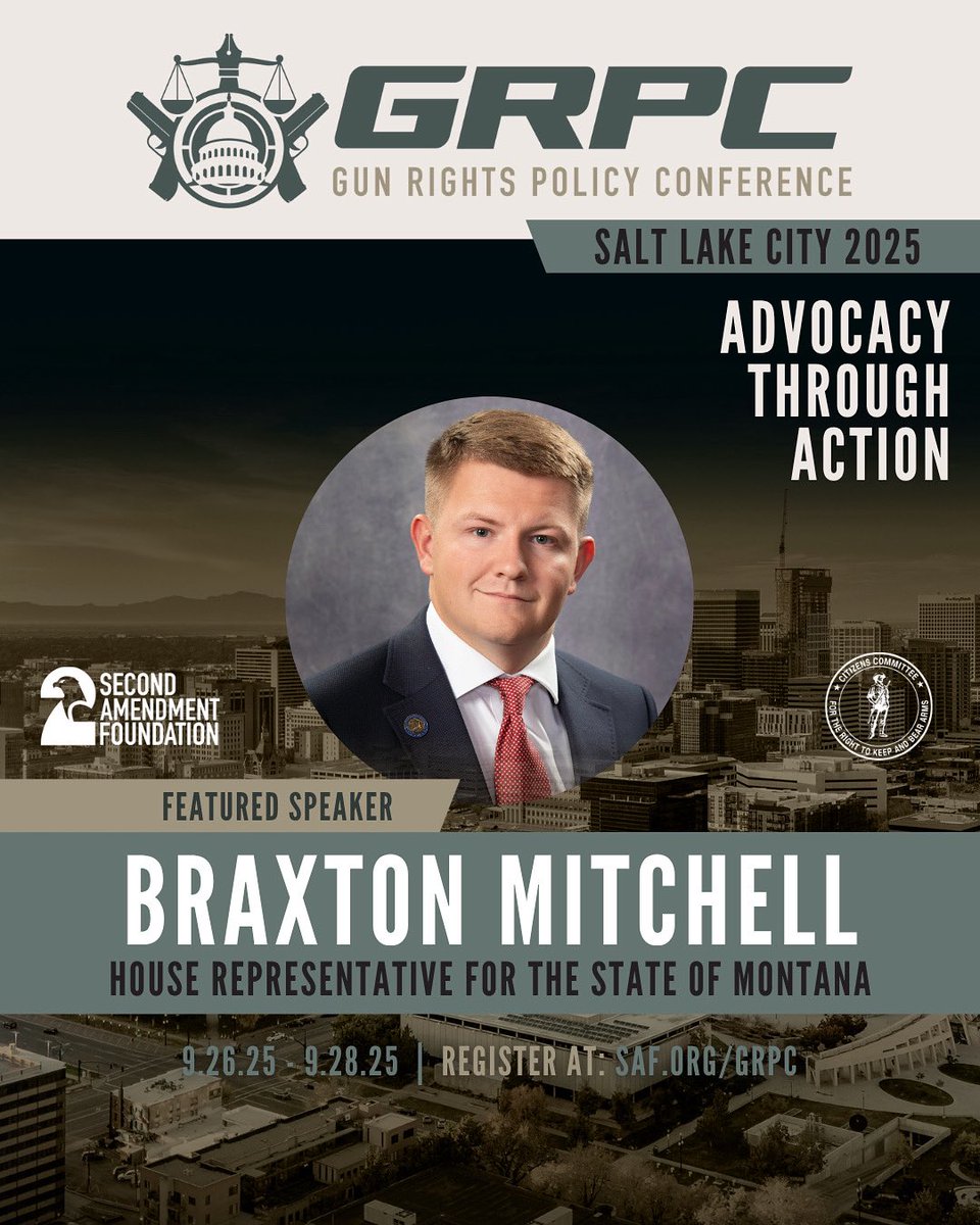 2AFDN's tweet image. SAF is pleased to announce that Braxton Mitchell ( @BraxtonMT ) will be making his GRPC debut as a featured speaker for this year’s conference in Salt Lake City!
Braxton Mitchell is a State Representative from Montana, Majority Whip, and Chairman of the House Agriculture…