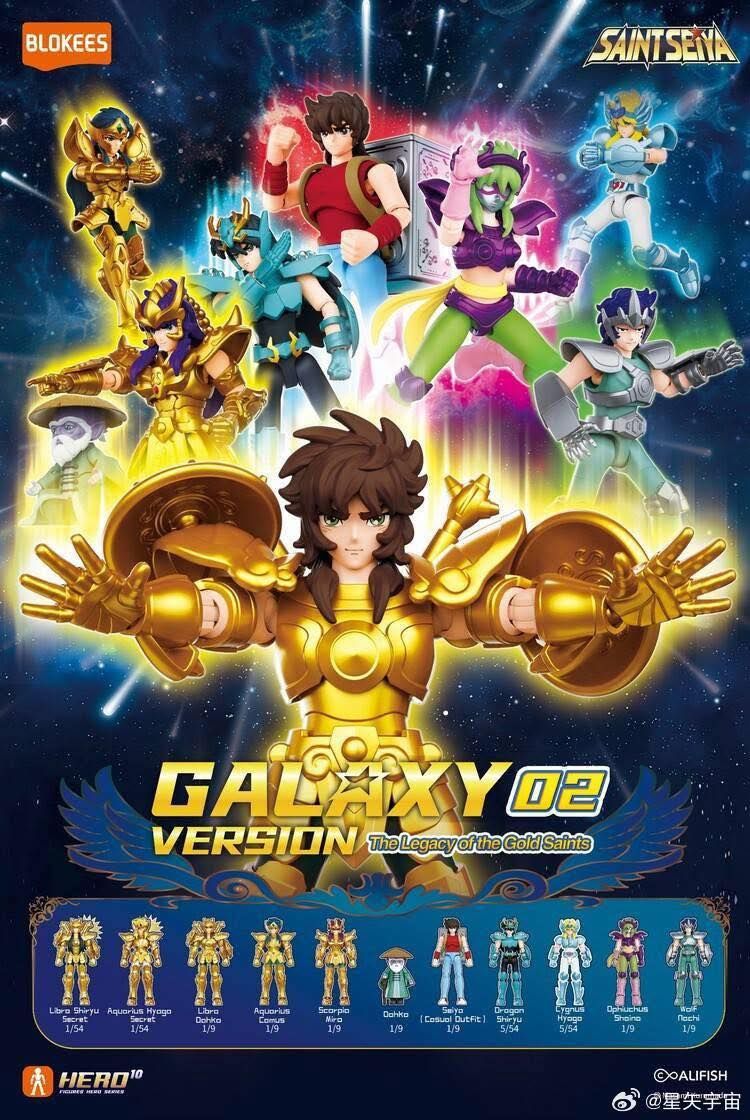 universosaintse's tweet image. Anuncio de la Segunda tanda de la línea Galaxy Versión de Blokees. Dôko de Libra, Shaina de Ofiuco y Shiryû de Dragón, Seiya con ropa civil y su Cloth Box, Hyôga de Cisne, Nachi de Lobo, Dôko Anciano Maestro, Camus de Acuario, Milo de Escorpio, Hyôga de Acuario y Shiryû de Libra.