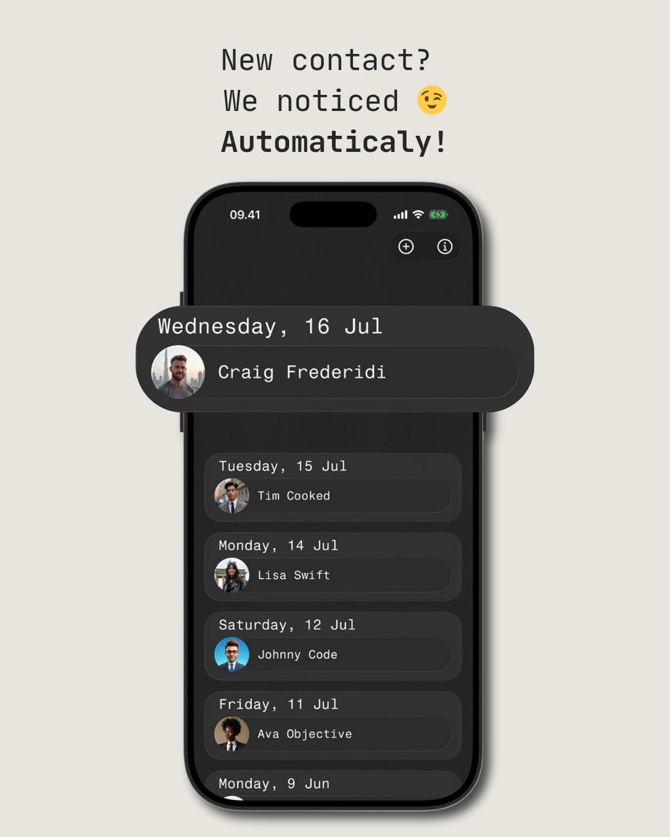 ConnectionsApp_'s tweet image. New connection saved?
We noticed 😉
Connections automatically tracks new contacts so you don’t have to.

Whether it’s from a conference, coffee chat, or spontaneous meetup, we’ve got your back.

🌟 Available now on the App Store

#ProductivityApp #iOSDev #ConnectionsApp