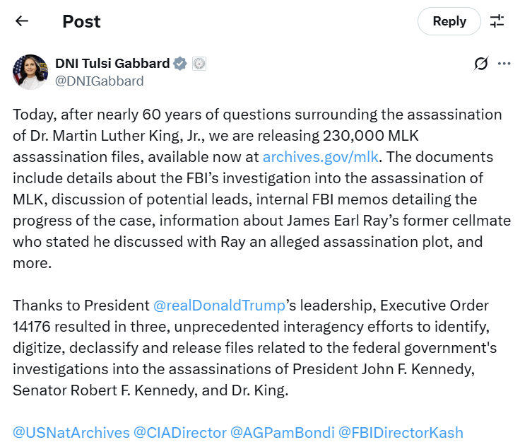 maddenifico's tweet image. Tulsi Gabbard, Pam Bondi, Kash Patel: Nobody gives a fuck about the MLK Jr. assassination files — which is nothing but your latest attempt to divert attention away from the pedo president w/what is now the largest political coverup in American history. Release the Epstein files!