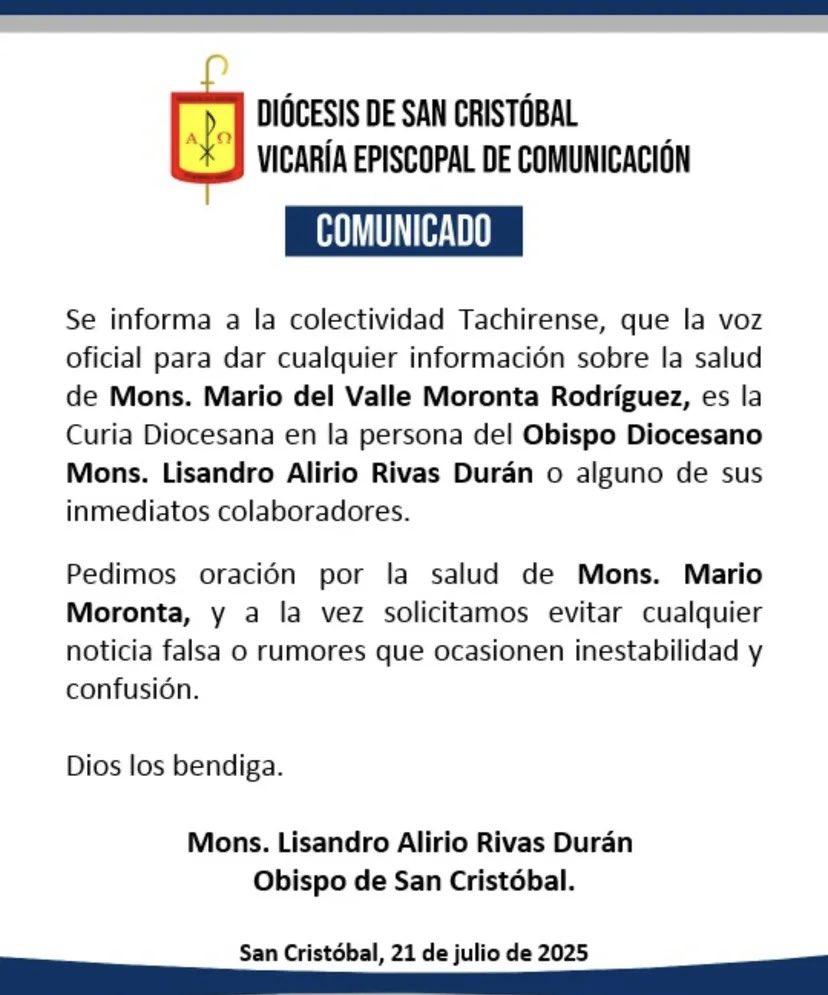 lorebornacelly's tweet image. Diócesis de San Cristóbal aclara que solo el obispo Lisandro Rivas y cualquier integrante de la Curia Diocesana son los autorizados de dar información sobre la salud de monseñor Moronta.