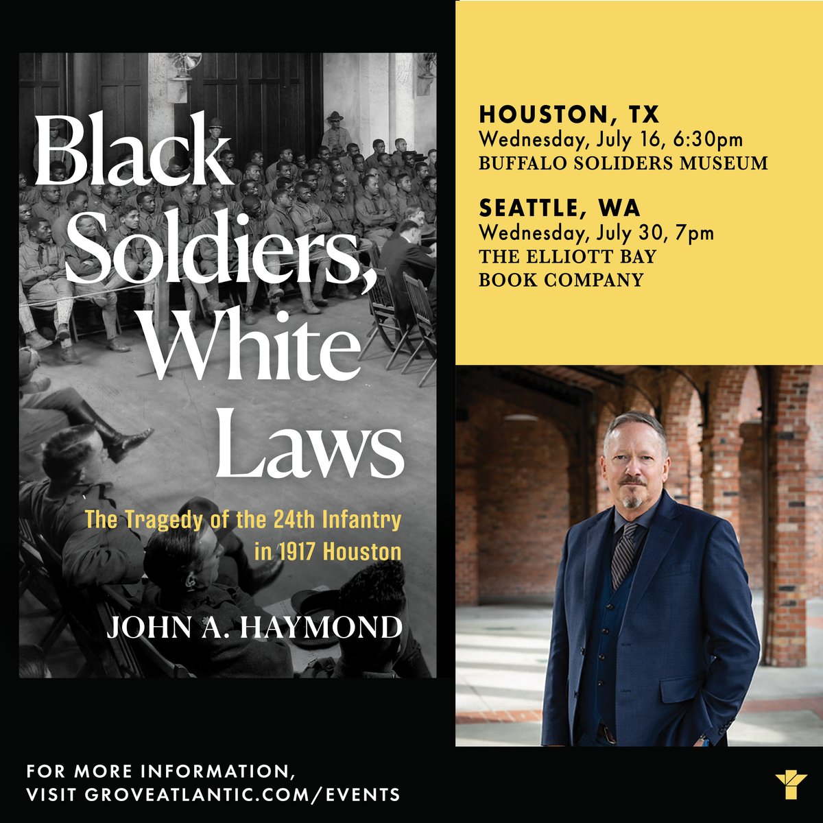 Attention history buffs 🗣️ John A. Haymond will be heading to <a href="/ElliottBayBooks/">Elliott Bay Book Co.</a> in Seattle on Wednesday, July 30th at 7pm to talk about his newest book BLACK SOLDIERS, WHITE LAWS. 

RSVP now so you can learn about a little-known piece of American history!
elliottbaybook.com/events/47319