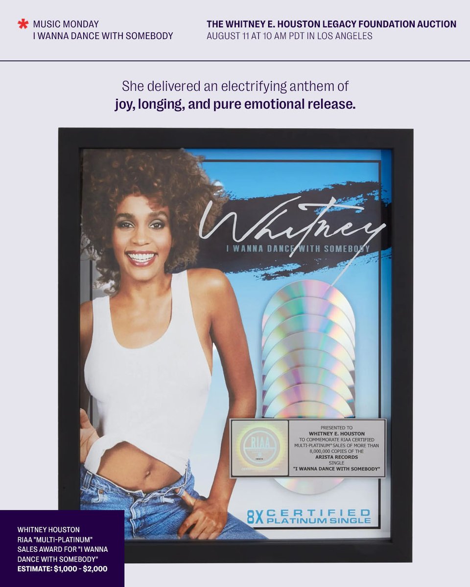 JuliensAuctions's tweet image. Released in 1987, Whitney Houston’s “I Wanna Dance with Somebody” turned heartache into a dance-floor anthem. Critics hesitated, but fans didn’t—it soared to No. 1 worldwide and won a Grammy. Decades later, it’s still pure pop perfection.
Now, we are honored to offer rare pieces…