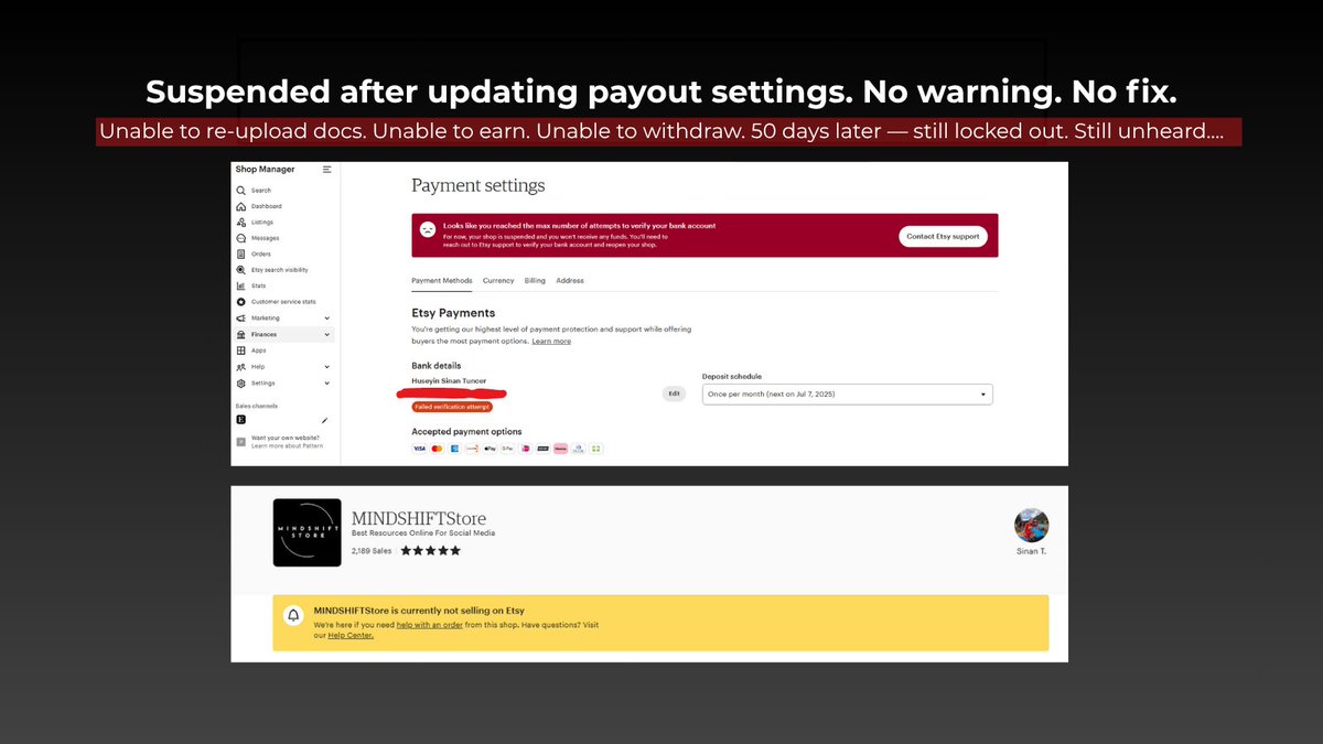 snnxtu's tweet image. ⚠️ @Etsy @jgsilverman
I got suspended just for updating my bank info.
Here&apos;s what happened… 🧵(Thread)