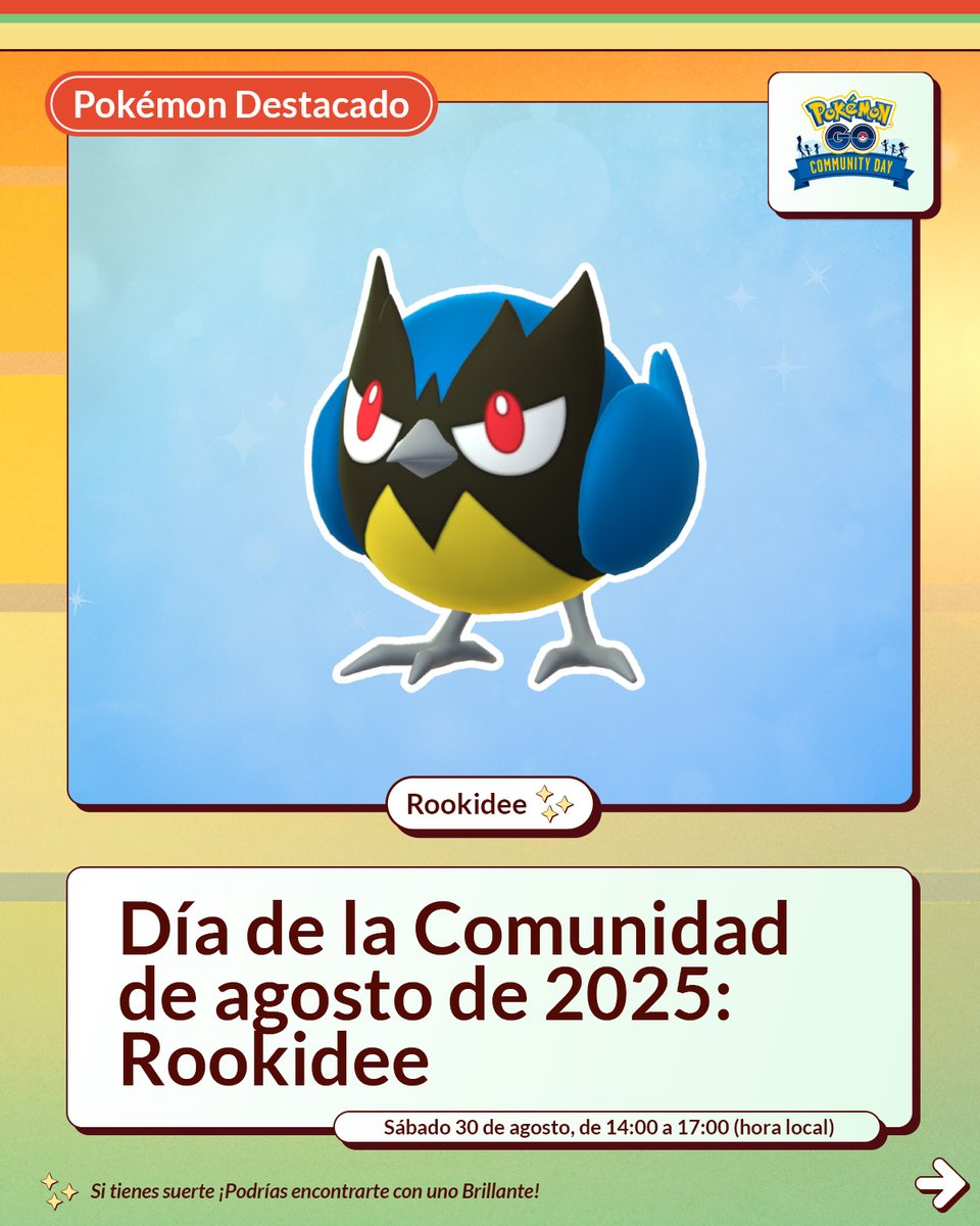 PokemonGoAppLA's tweet image. No pierdas de vista a Rookidee, durante el #PokemonGOCommunityDay de agosto.
bit.ly/4kUTA1I
